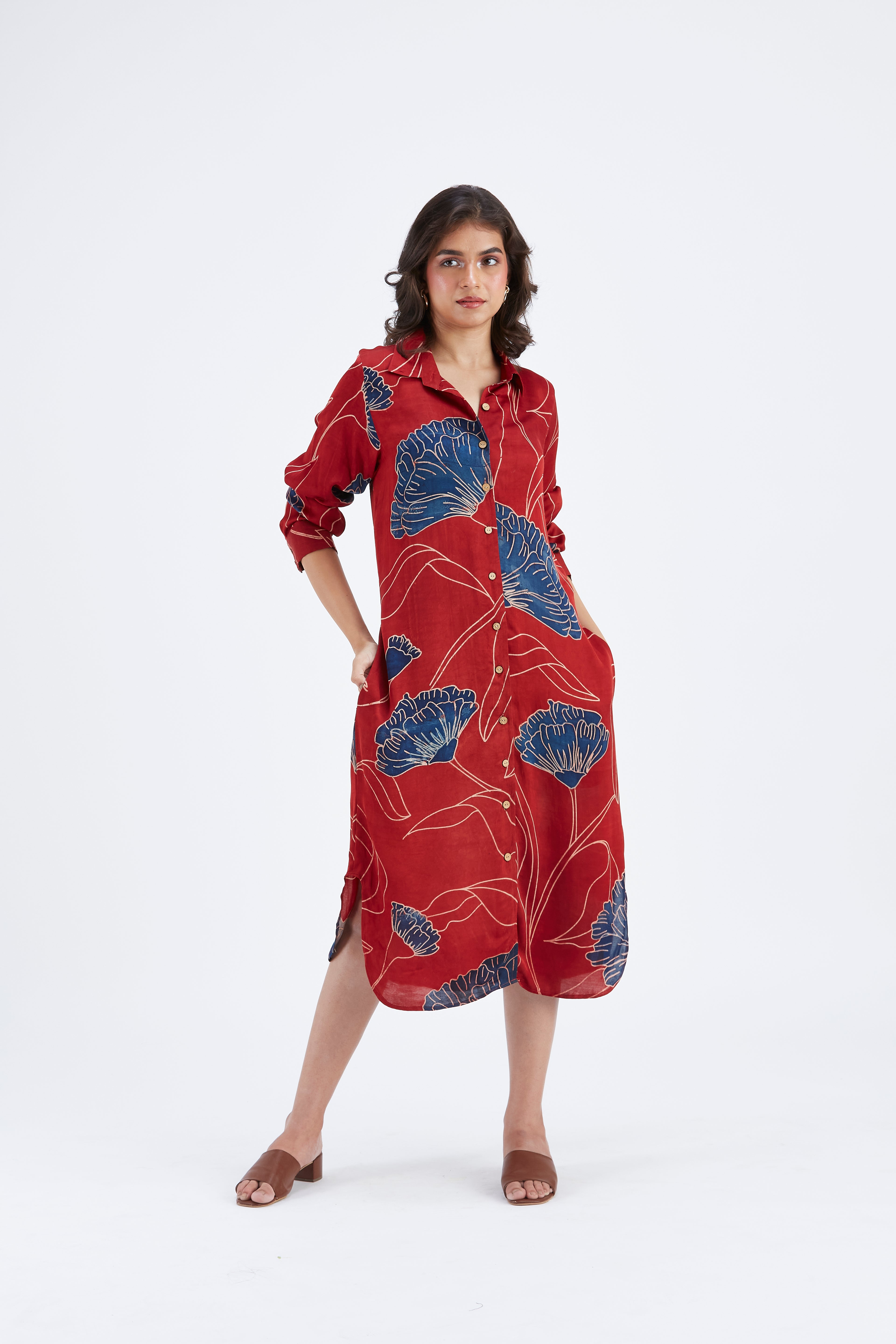 Zae Red Floral Printed Cotton Dress at Kamakhyaa by Hasttvam. This item is Cotton, Ete by Hasttvam, Floral Prints, Fusion Wear, Hand Printed, Red, Womenswear