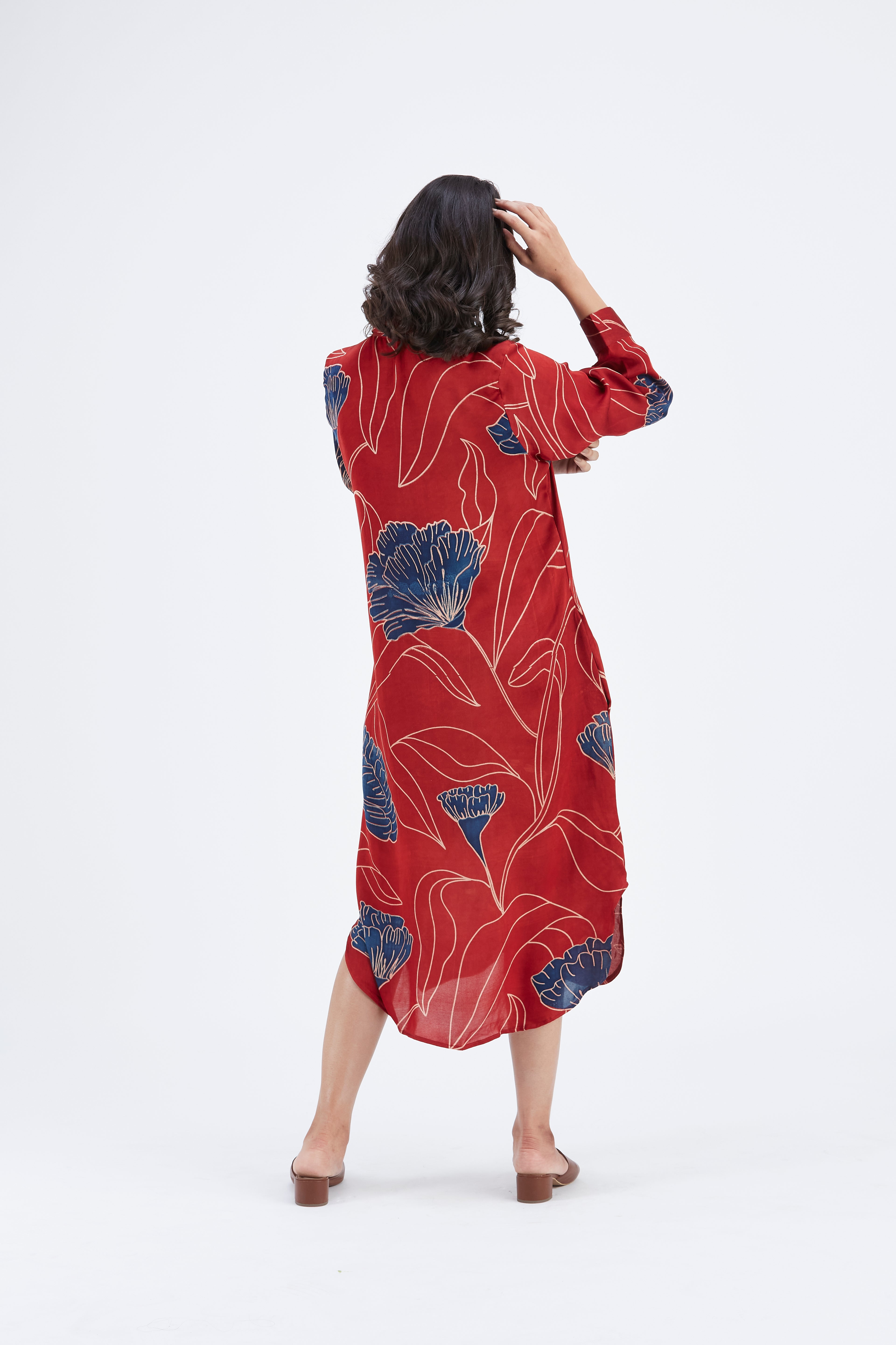 Zae Red Floral Printed Cotton Dress at Kamakhyaa by Hasttvam. This item is Cotton, Ete by Hasttvam, Floral Prints, Fusion Wear, Hand Printed, Red, Womenswear