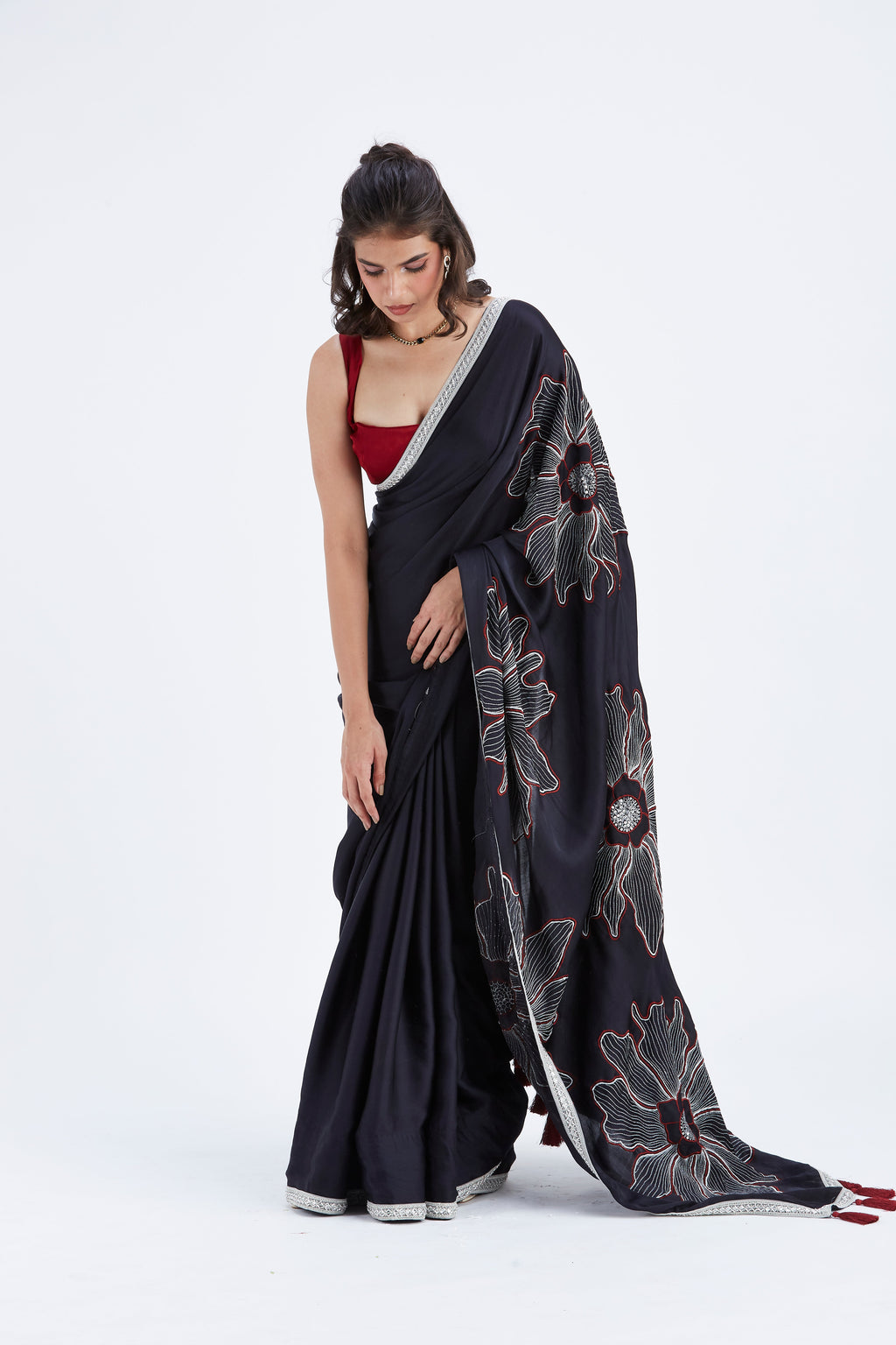 Zaira Black Modal Saree at Kamakhyaa by Hasttvam. This item is Black, Ete by Hasttvam, Floral Prints, Hand Printed, Modal, Under $50, Wedding Wear, Womenswear