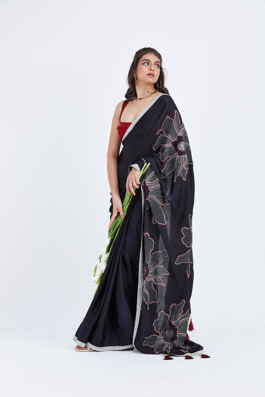 Zaira Black Modal Saree at Kamakhyaa by Hasttvam. This item is Black, Ete by Hasttvam, Floral Prints, Hand Printed, Modal, Under $50, Wedding Wear, Womenswear