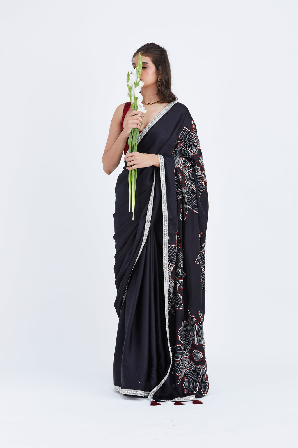 Zaira Black Modal Saree at Kamakhyaa by Hasttvam. This item is Black, Ete by Hasttvam, Floral Prints, Hand Printed, Modal, Under $50, Wedding Wear, Womenswear