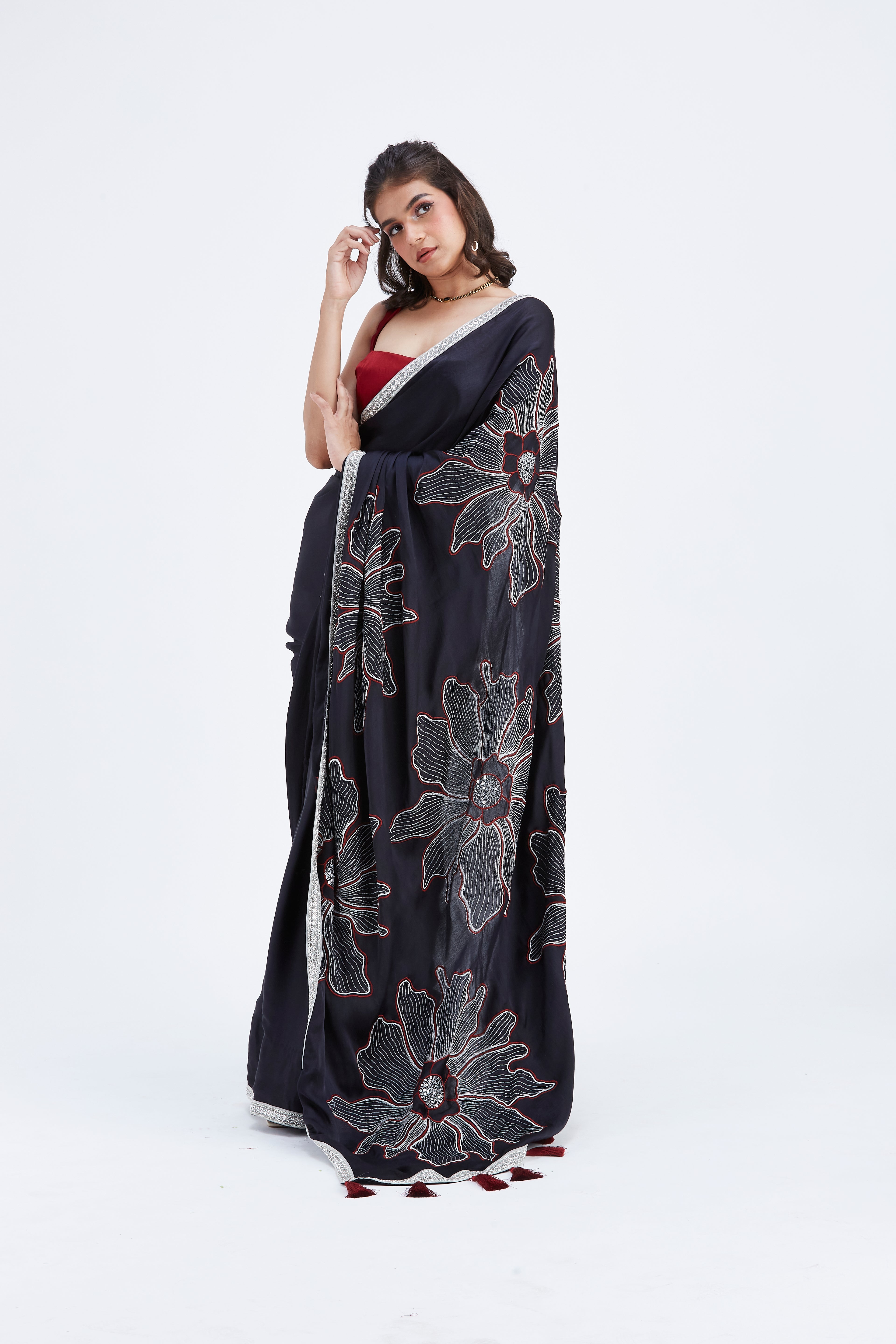 Zaira Black Modal Saree at Kamakhyaa by Hasttvam. This item is Black, Ete by Hasttvam, Floral Prints, Hand Printed, Modal, Under $50, Wedding Wear, Womenswear