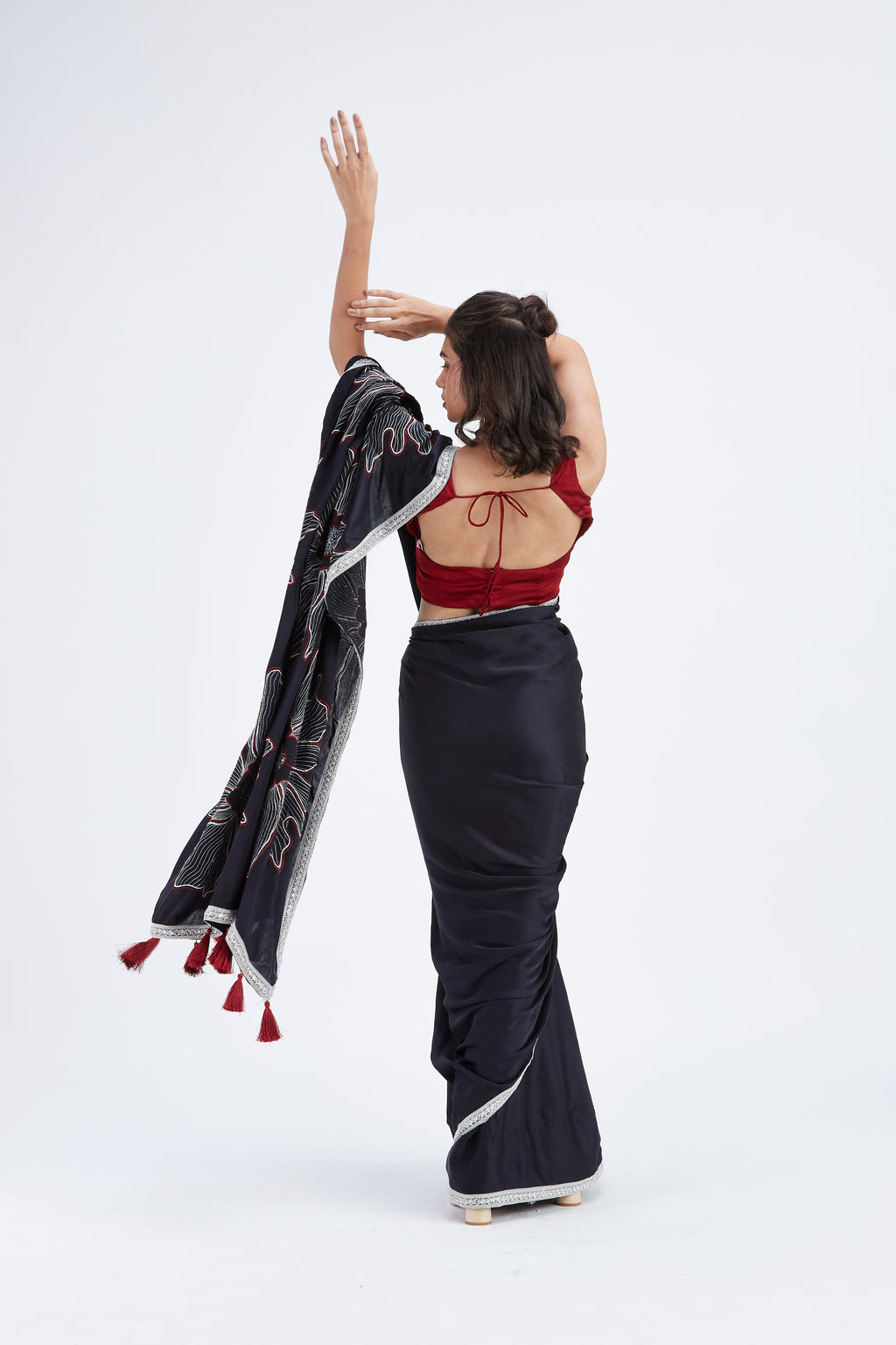 Zaira Black Modal Saree at Kamakhyaa by Hasttvam. This item is Black, Ete by Hasttvam, Floral Prints, Hand Printed, Modal, Under $50, Wedding Wear, Womenswear