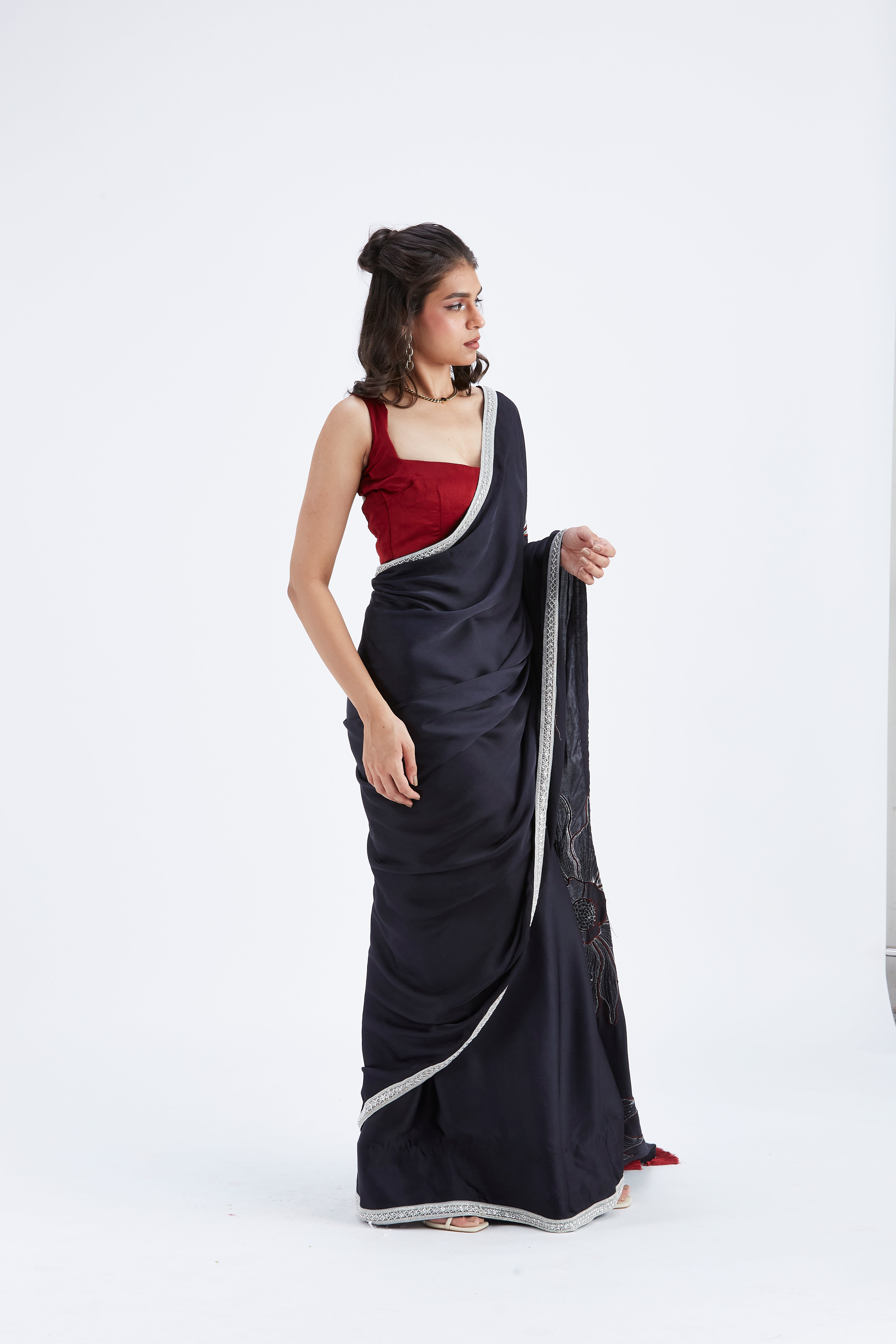 Zaira Black Modal Saree at Kamakhyaa by Hasttvam. This item is Black, Ete by Hasttvam, Floral Prints, Hand Printed, Modal, Under $50, Wedding Wear, Womenswear