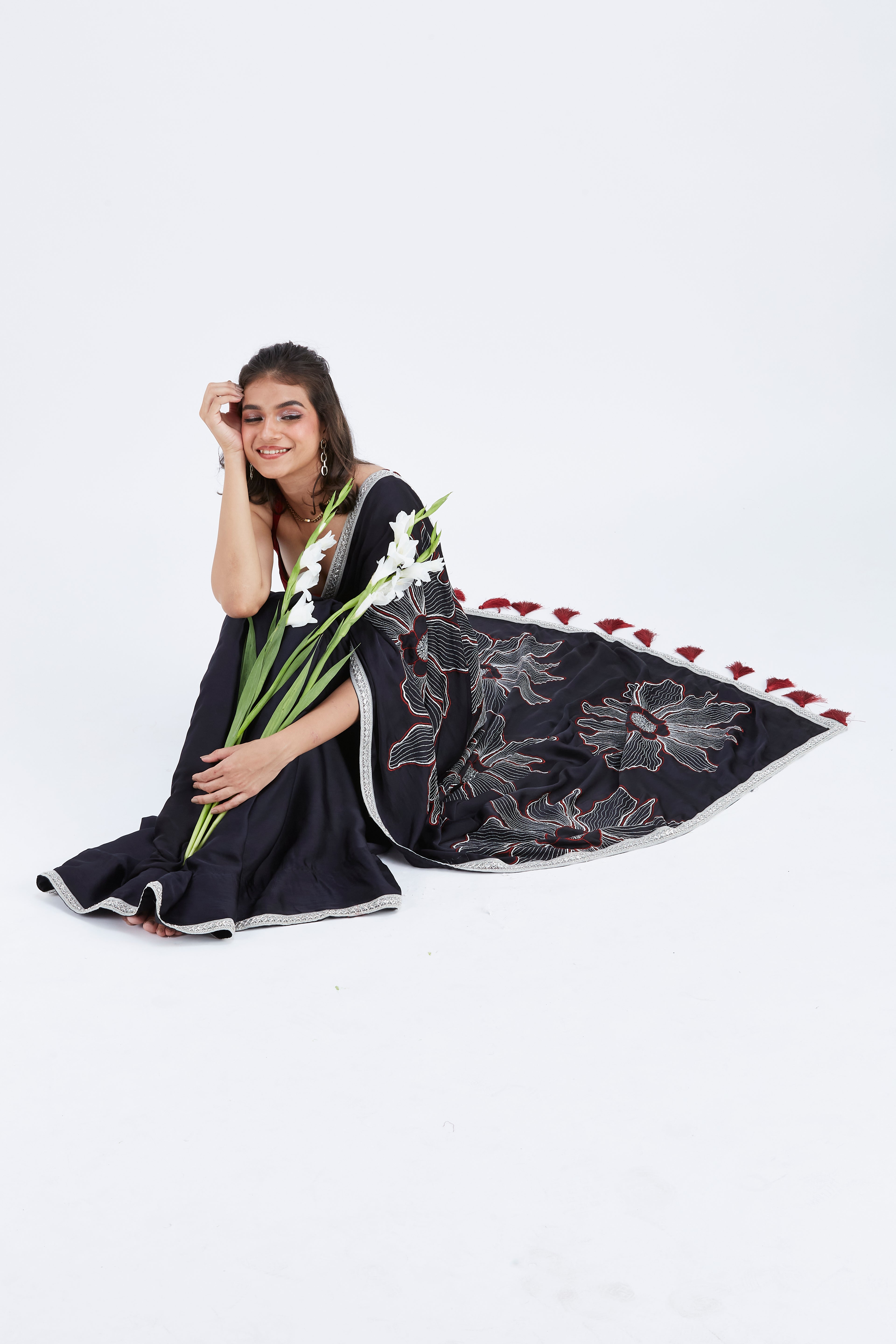 Zaira Black Modal Saree at Kamakhyaa by Hasttvam. This item is Black, Ete by Hasttvam, Floral Prints, Hand Printed, Modal, Under $50, Wedding Wear, Womenswear