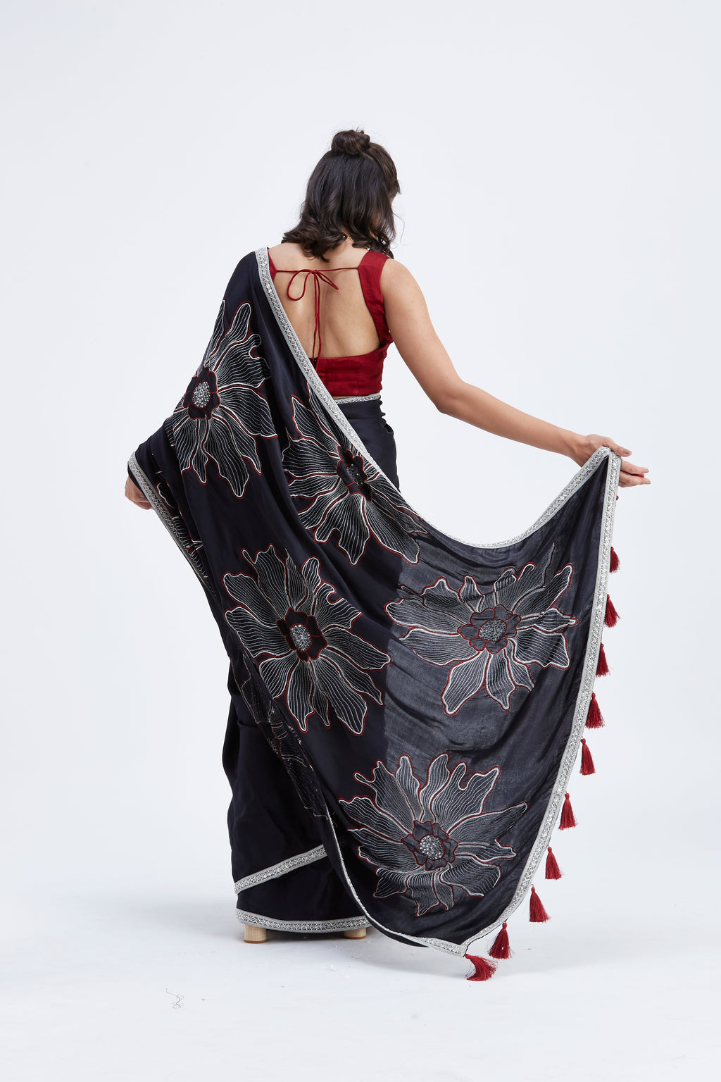 Zaira Black Modal Saree at Kamakhyaa by Hasttvam. This item is Black, Ete by Hasttvam, Floral Prints, Hand Printed, Modal, Under $50, Wedding Wear, Womenswear