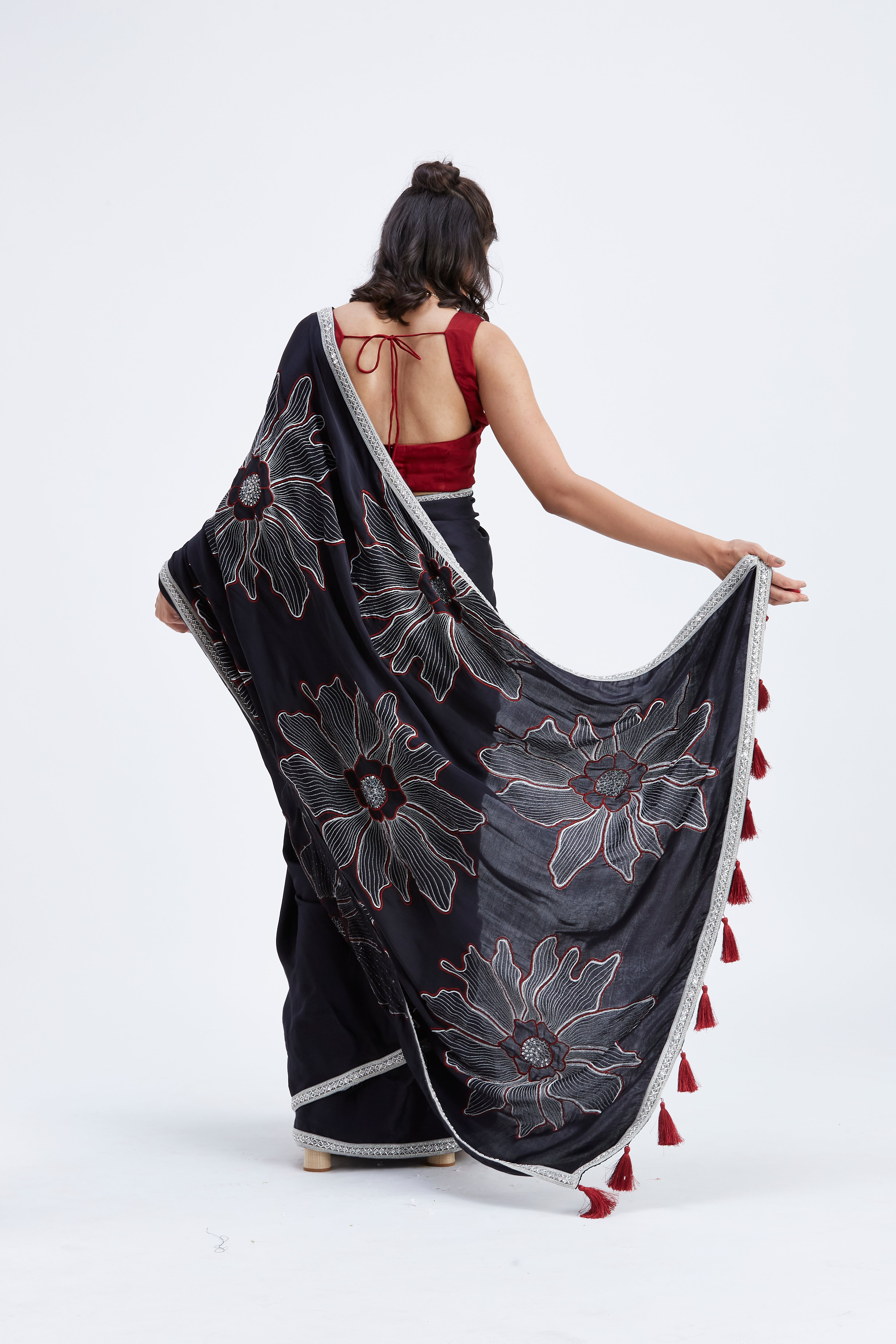 Zaira Black Modal Saree at Kamakhyaa by Hasttvam. This item is Black, Ete by Hasttvam, Floral Prints, Hand Printed, Modal, Under $50, Wedding Wear, Womenswear