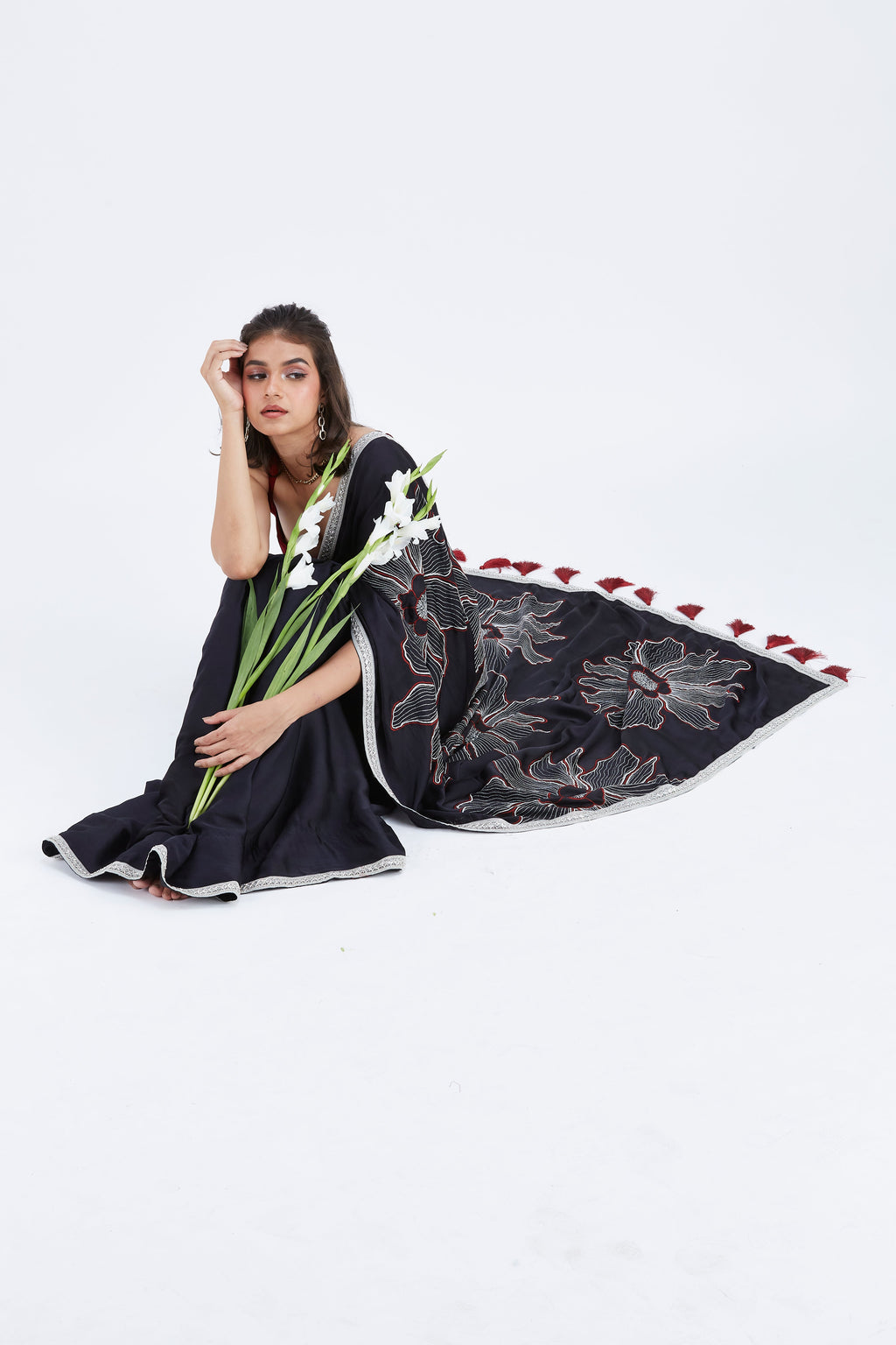 Zaira Black Modal Saree at Kamakhyaa by Hasttvam. This item is Black, Ete by Hasttvam, Floral Prints, Hand Printed, Modal, Under $50, Wedding Wear, Womenswear