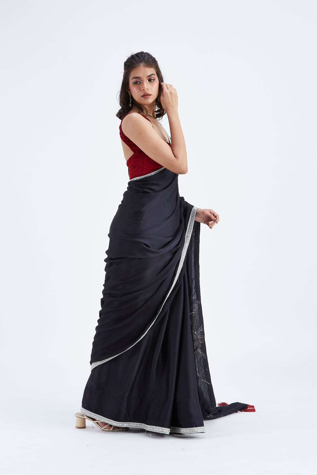 Zaira Black Modal Saree at Kamakhyaa by Hasttvam. This item is Black, Ete by Hasttvam, Floral Prints, Hand Printed, Modal, Under $50, Wedding Wear, Womenswear