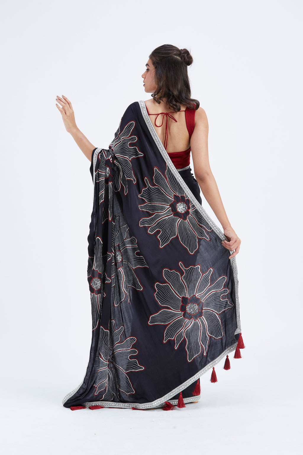 Zaira Black Modal Saree at Kamakhyaa by Hasttvam. This item is Black, Ete by Hasttvam, Floral Prints, Hand Printed, Modal, Under $50, Wedding Wear, Womenswear