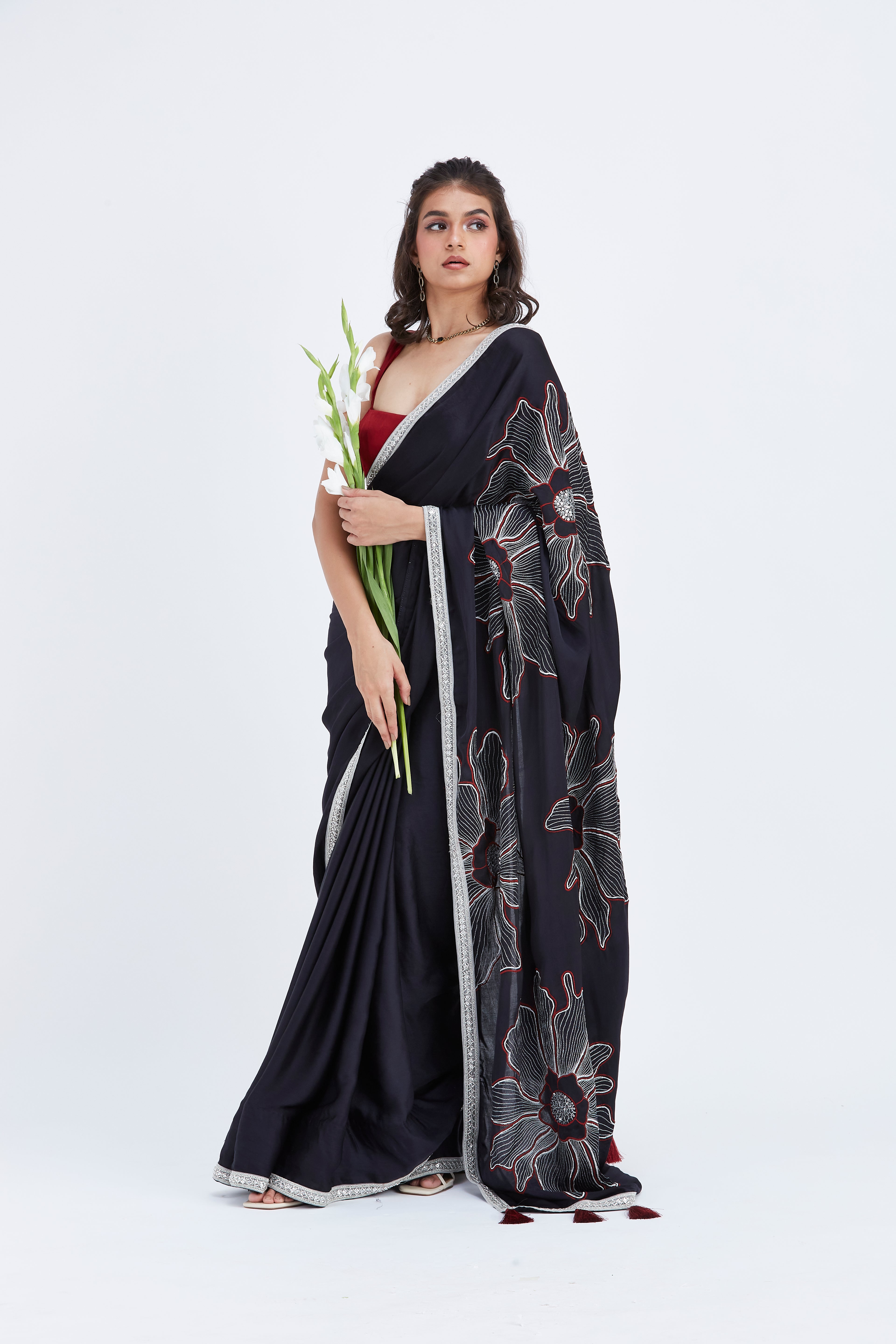 Zaira Black Modal Saree at Kamakhyaa by Hasttvam. This item is Black, Ete by Hasttvam, Floral Prints, Hand Printed, Modal, Under $50, Wedding Wear, Womenswear