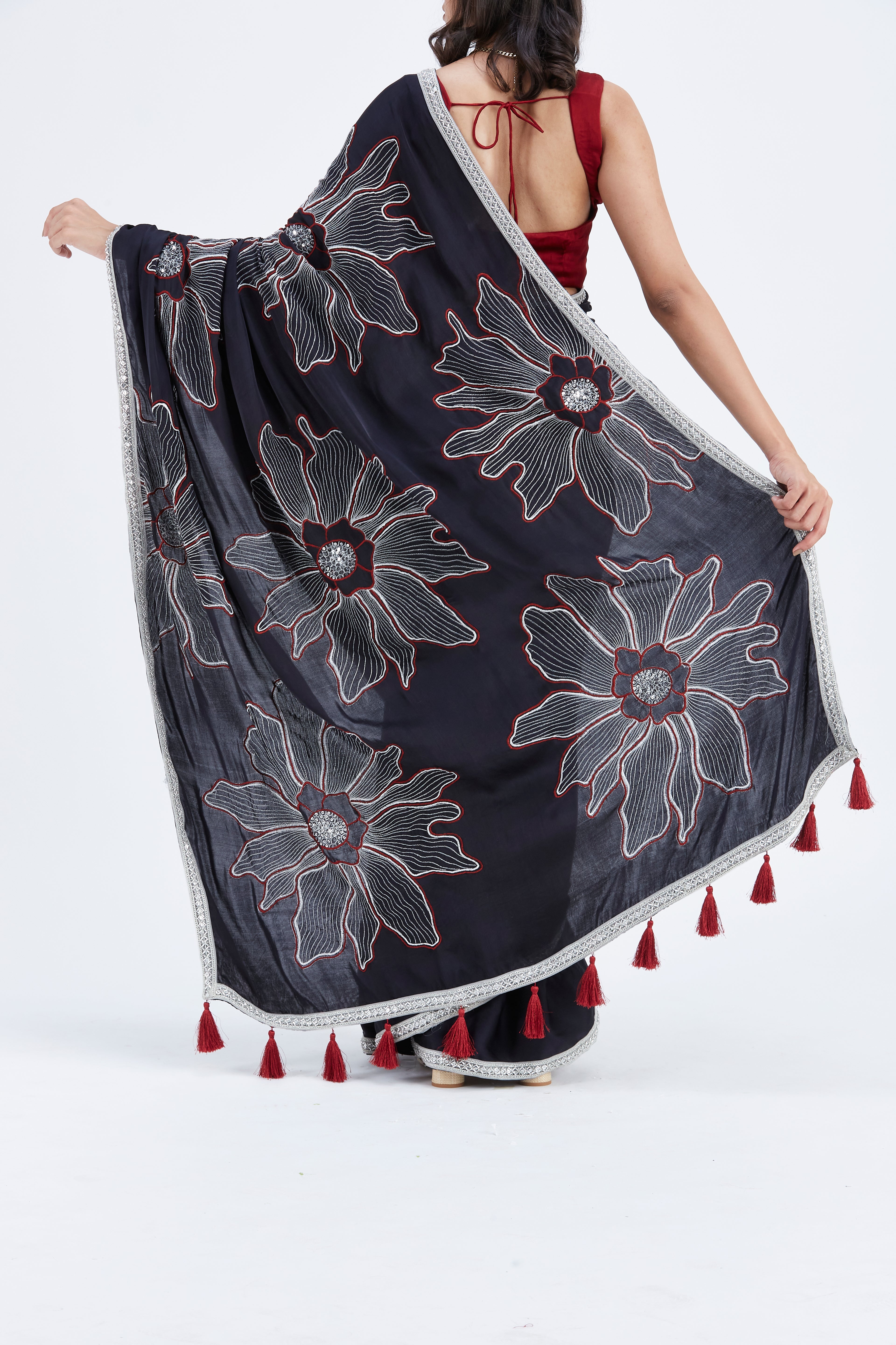 Zaira Black Modal Saree at Kamakhyaa by Hasttvam. This item is Black, Ete by Hasttvam, Floral Prints, Hand Printed, Modal, Under $50, Wedding Wear, Womenswear