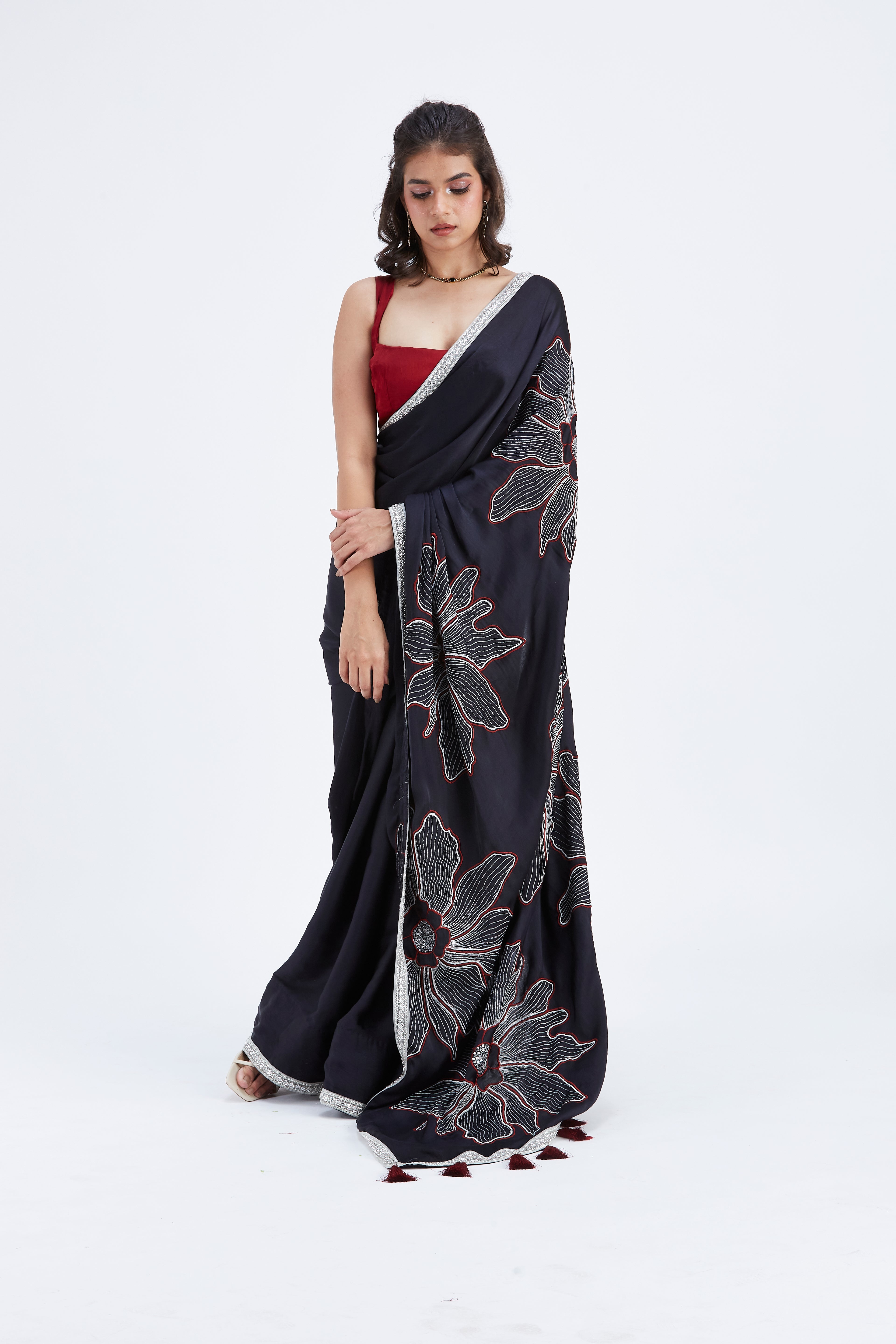 Zaira Black Modal Saree at Kamakhyaa by Hasttvam. This item is Black, Ete by Hasttvam, Floral Prints, Hand Printed, Modal, Under $50, Wedding Wear, Womenswear
