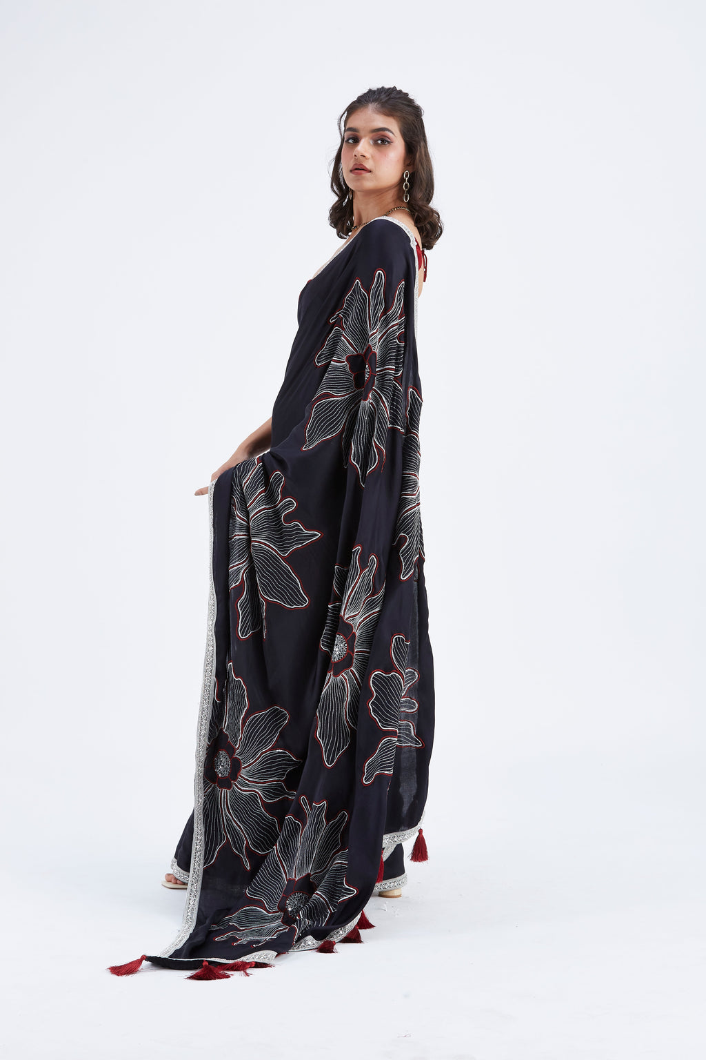 Zaira Black Modal Saree at Kamakhyaa by Hasttvam. This item is Black, Ete by Hasttvam, Floral Prints, Hand Printed, Modal, Under $50, Wedding Wear, Womenswear