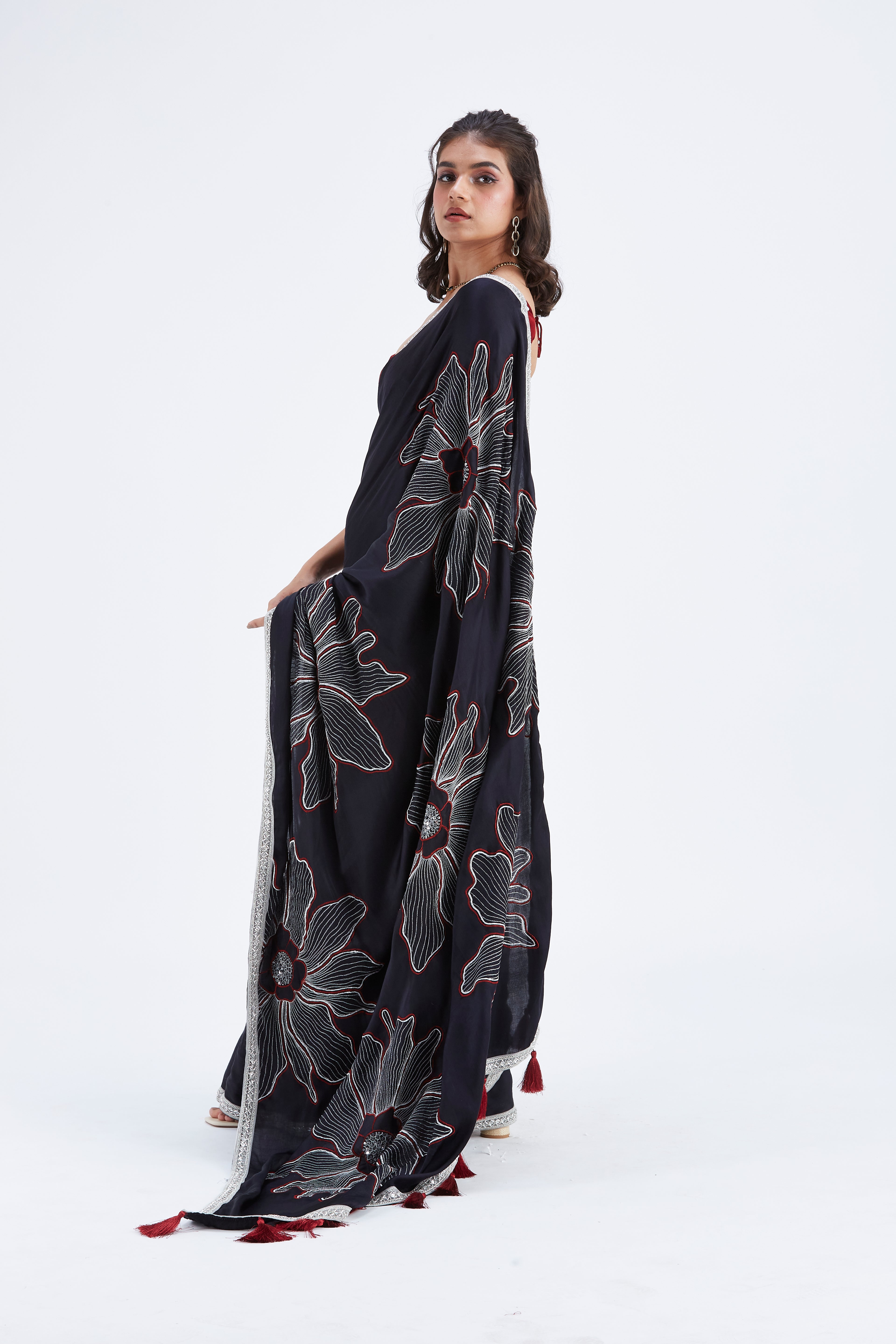 Zaira Black Modal Saree at Kamakhyaa by Hasttvam. This item is Black, Ete by Hasttvam, Floral Prints, Hand Printed, Modal, Under $50, Wedding Wear, Womenswear