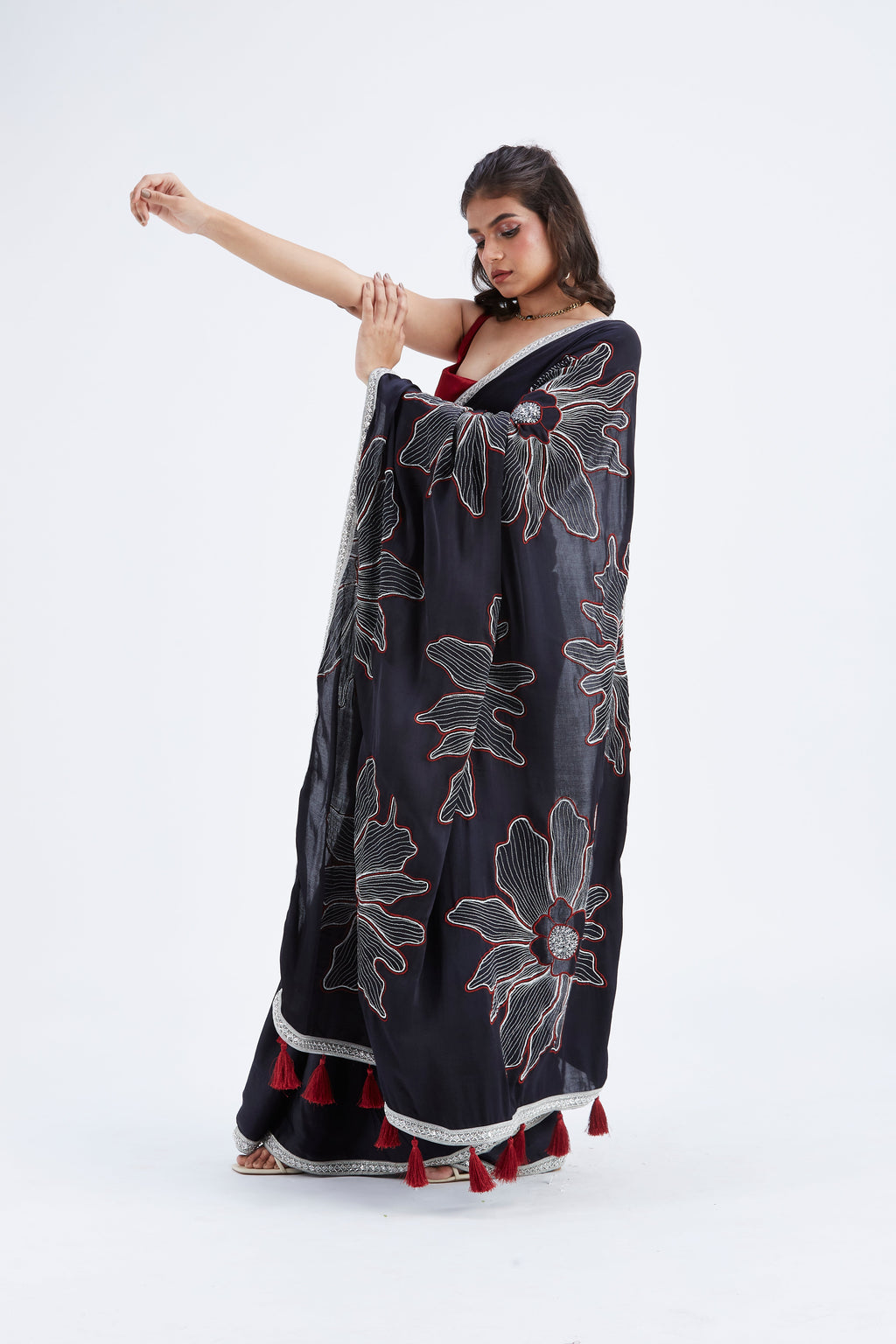 Zaira Black Modal Saree at Kamakhyaa by Hasttvam. This item is Black, Ete by Hasttvam, Floral Prints, Hand Printed, Modal, Under $50, Wedding Wear, Womenswear