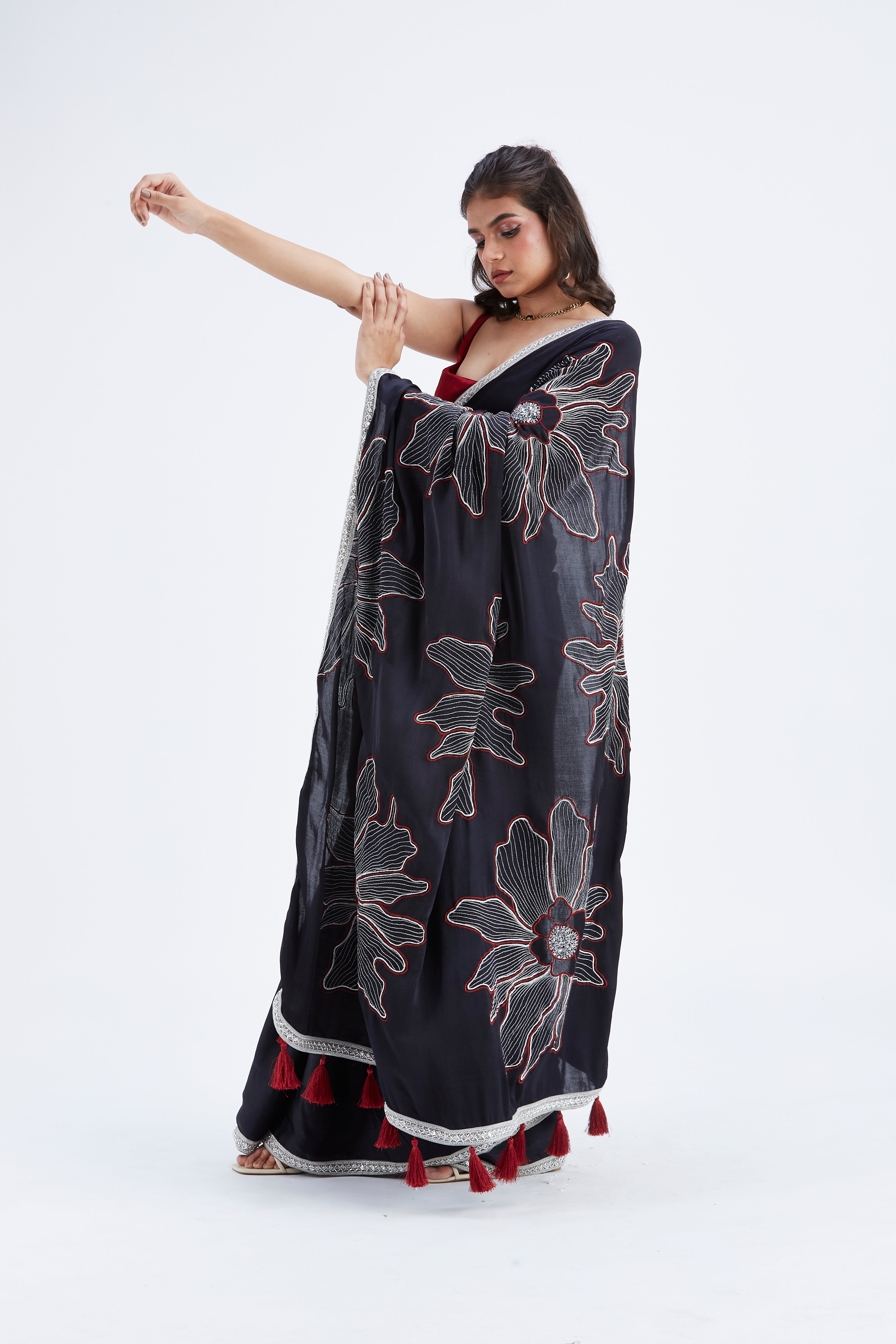 Zaira Black Modal Saree at Kamakhyaa by Hasttvam. This item is Black, Ete by Hasttvam, Floral Prints, Hand Printed, Modal, Under $50, Wedding Wear, Womenswear