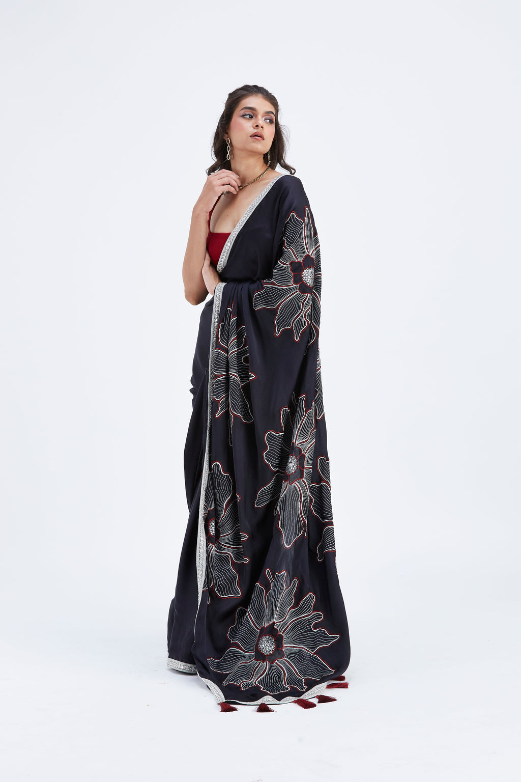 Zaira Black Modal Saree at Kamakhyaa by Hasttvam. This item is Black, Ete by Hasttvam, Floral Prints, Hand Printed, Modal, Under $50, Wedding Wear, Womenswear