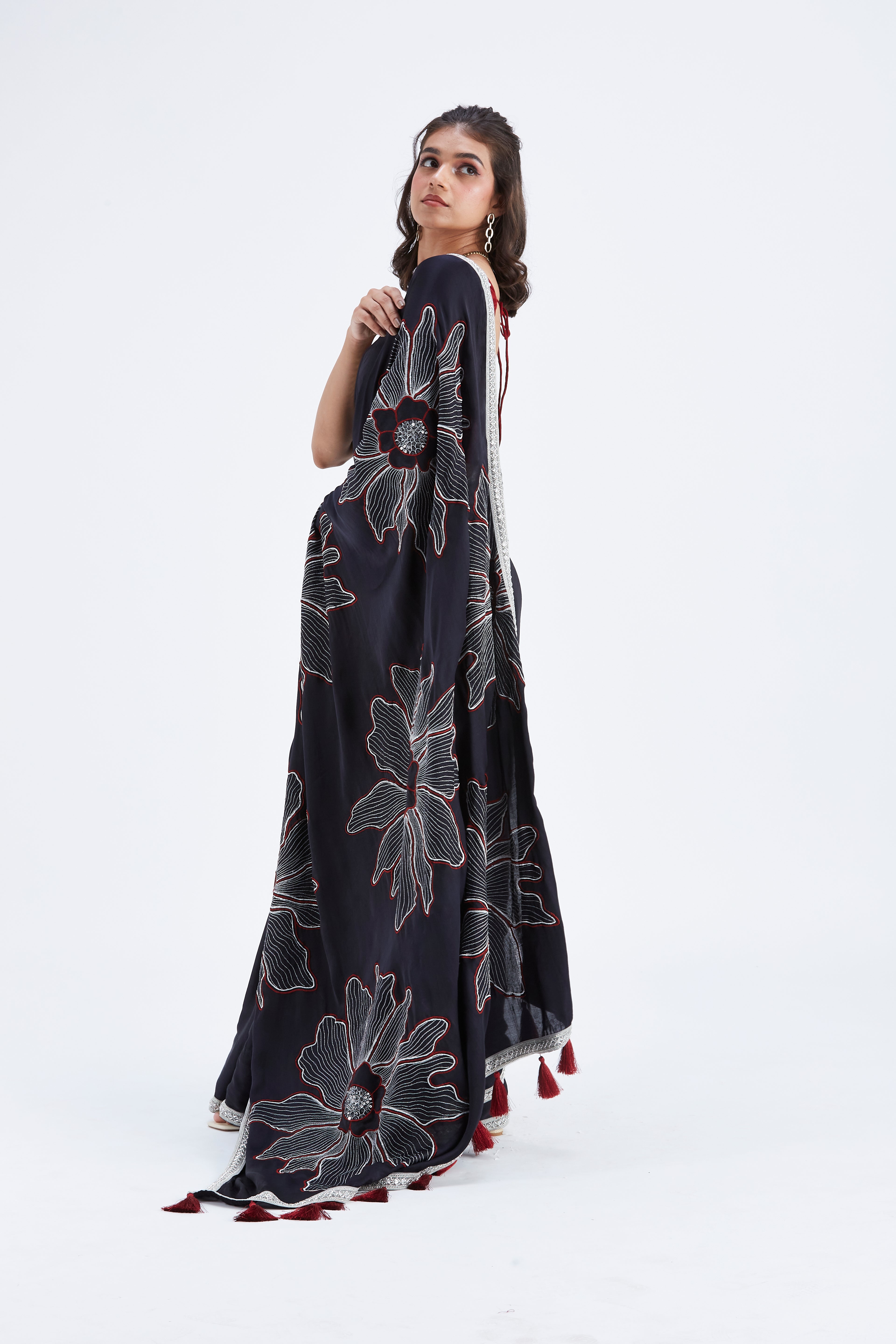 Zaira Black Modal Saree at Kamakhyaa by Hasttvam. This item is Black, Ete by Hasttvam, Floral Prints, Hand Printed, Modal, Under $50, Wedding Wear, Womenswear