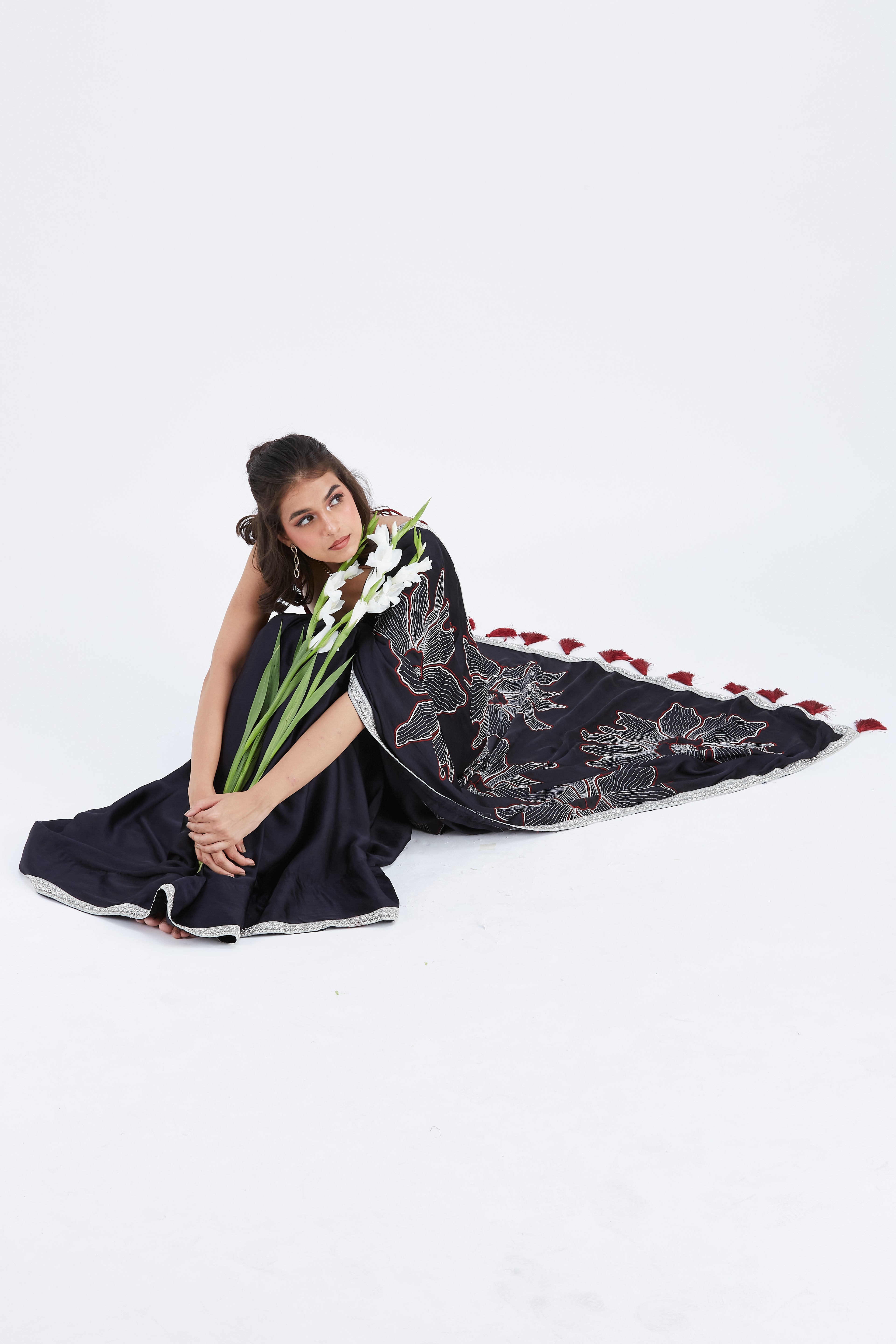 Zaira Black Modal Saree at Kamakhyaa by Hasttvam. This item is Black, Ete by Hasttvam, Floral Prints, Hand Printed, Modal, Under $50, Wedding Wear, Womenswear