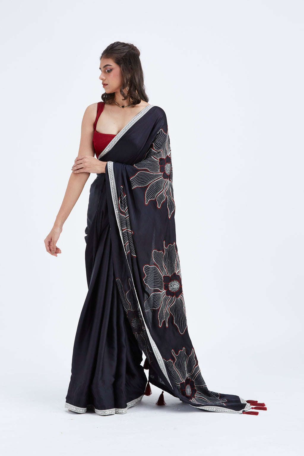 Zaira Black Modal Saree at Kamakhyaa by Hasttvam. This item is Black, Ete by Hasttvam, Floral Prints, Hand Printed, Modal, Under $50, Wedding Wear, Womenswear