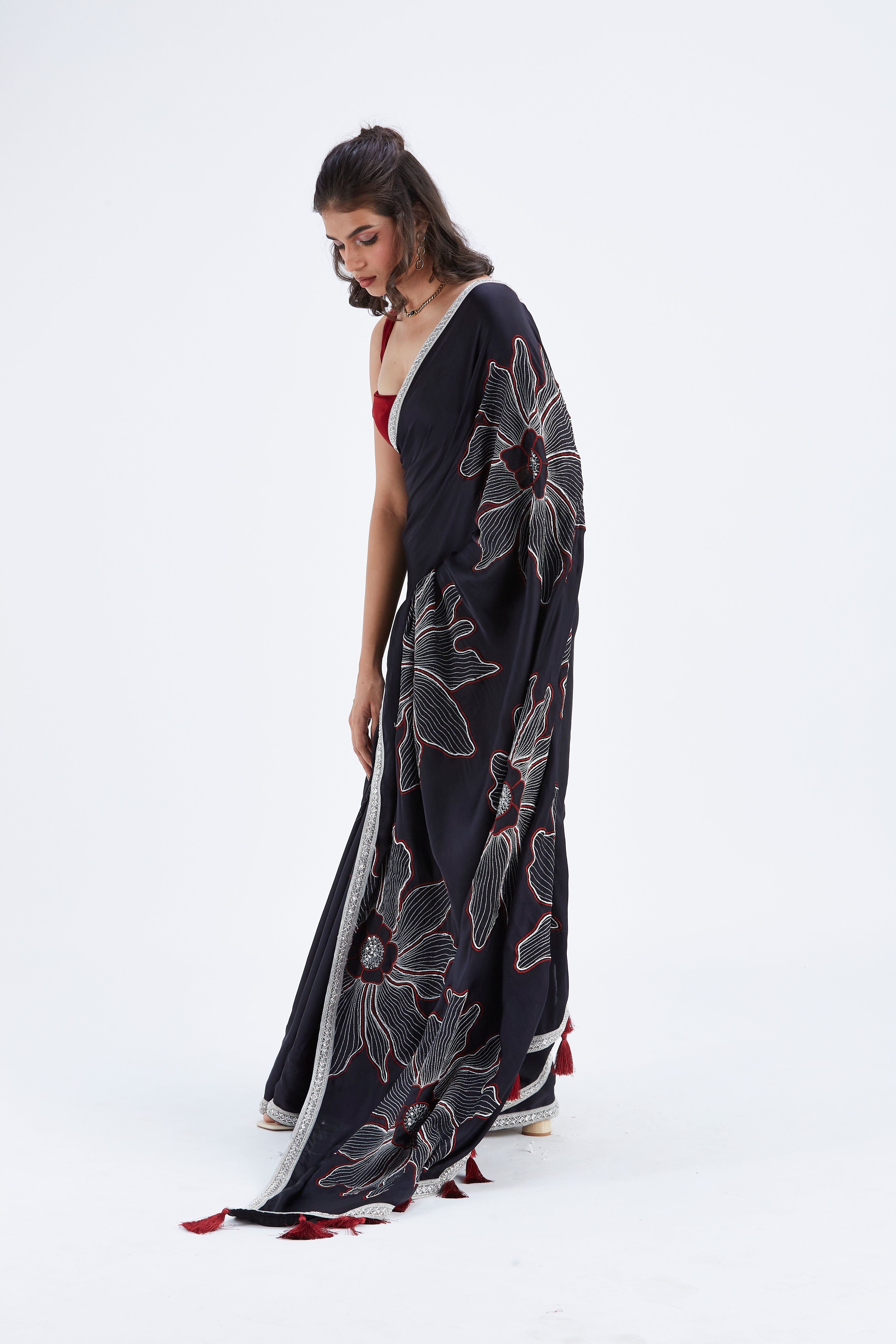 Zaira Black Modal Saree at Kamakhyaa by Hasttvam. This item is Black, Ete by Hasttvam, Floral Prints, Hand Printed, Modal, Under $50, Wedding Wear, Womenswear