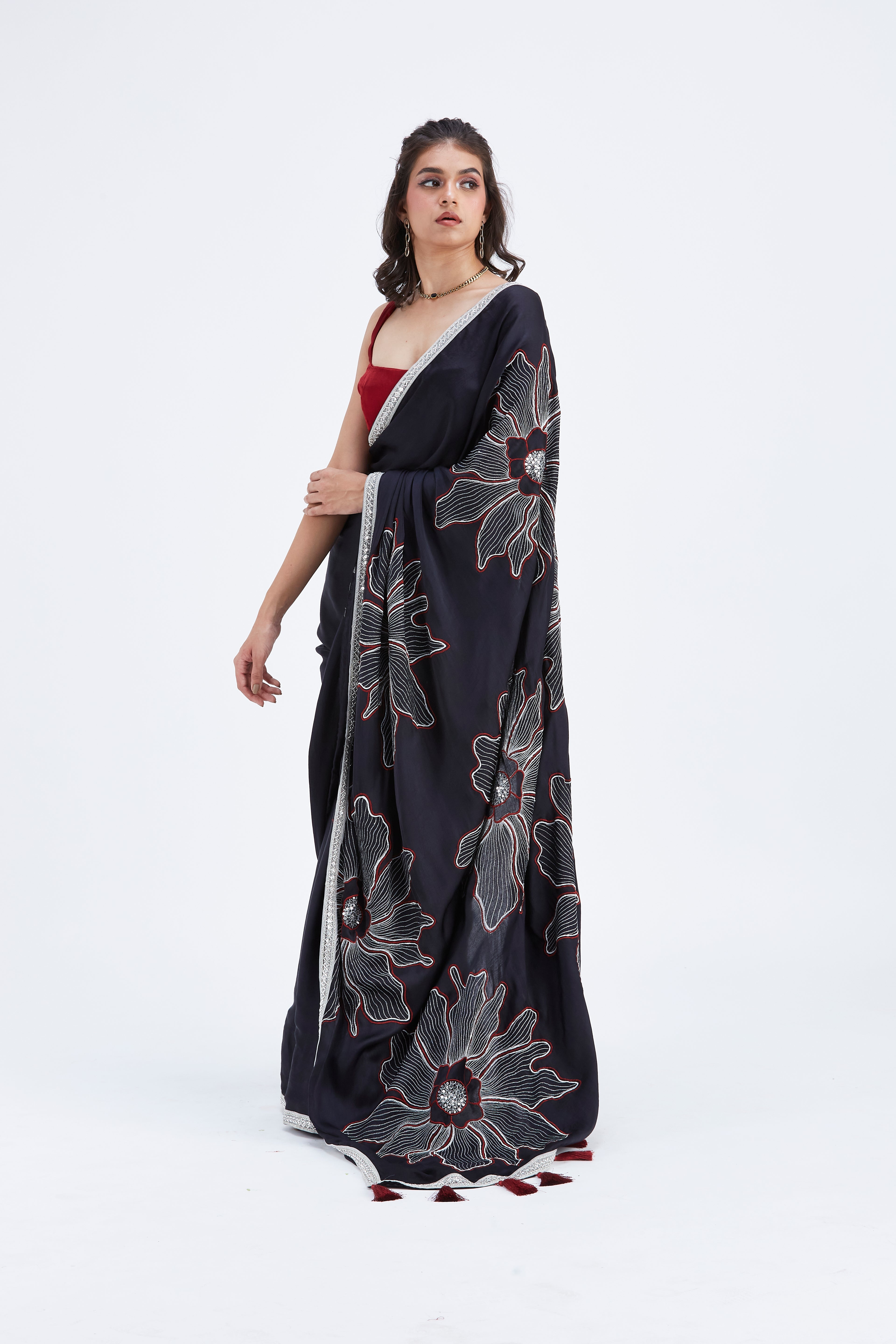Zaira Black Modal Saree at Kamakhyaa by Hasttvam. This item is Black, Ete by Hasttvam, Floral Prints, Hand Printed, Modal, Under $50, Wedding Wear, Womenswear
