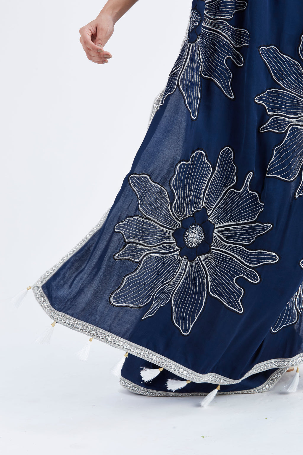 Zaira Indigo Modal Saree at Kamakhyaa by Hasttvam. This item is Ete by Hasttvam, Floral Prints, Hand Printed, Indigo, Modal, Under $50, Wedding Wear, Womenswear