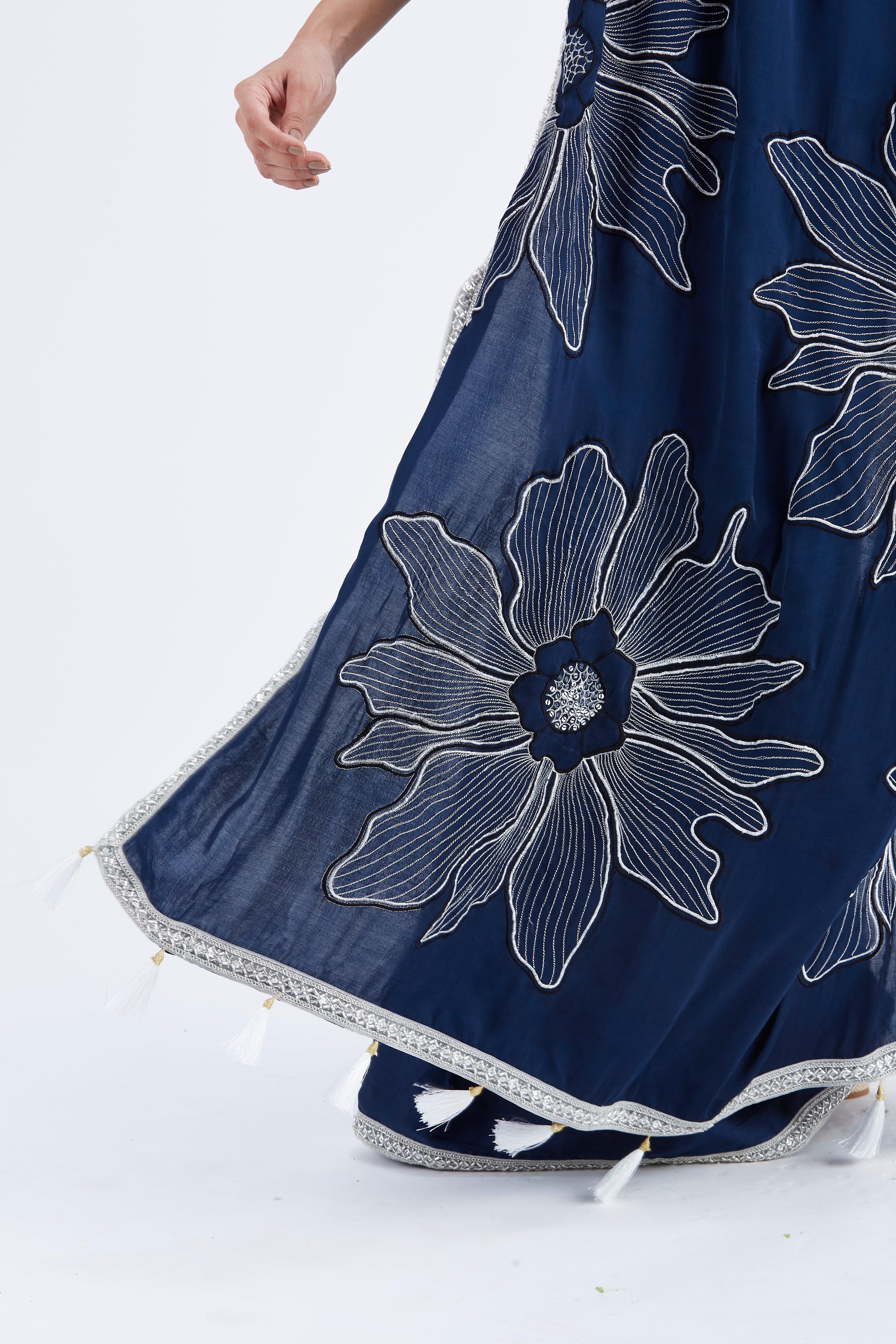 Zaira Indigo Modal Saree at Kamakhyaa by Hasttvam. This item is Ete by Hasttvam, Floral Prints, Hand Printed, Indigo, Modal, Under $50, Wedding Wear, Womenswear