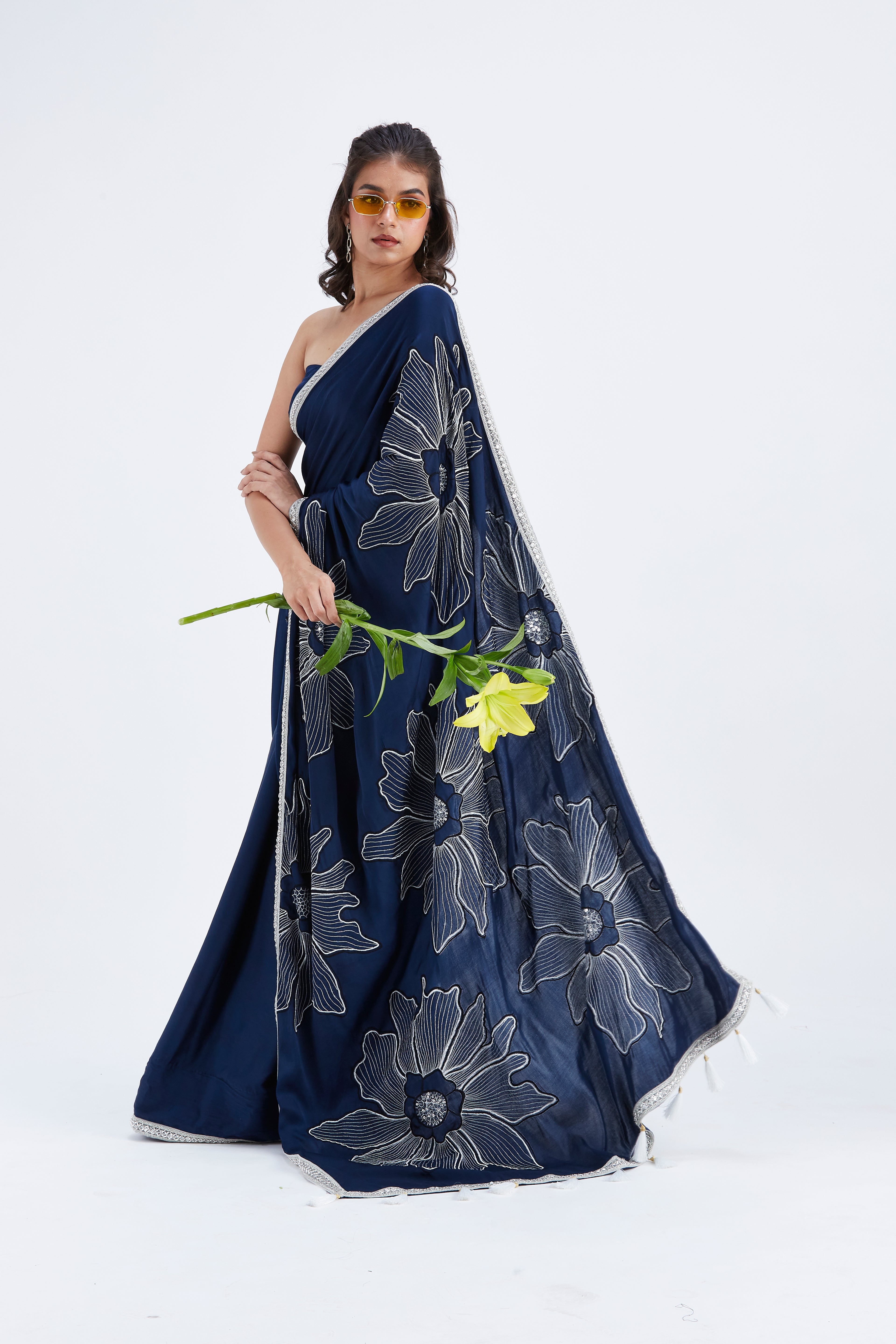 Zaira Indigo Modal Saree at Kamakhyaa by Hasttvam. This item is Ete by Hasttvam, Floral Prints, Hand Printed, Indigo, Modal, Under $50, Wedding Wear, Womenswear