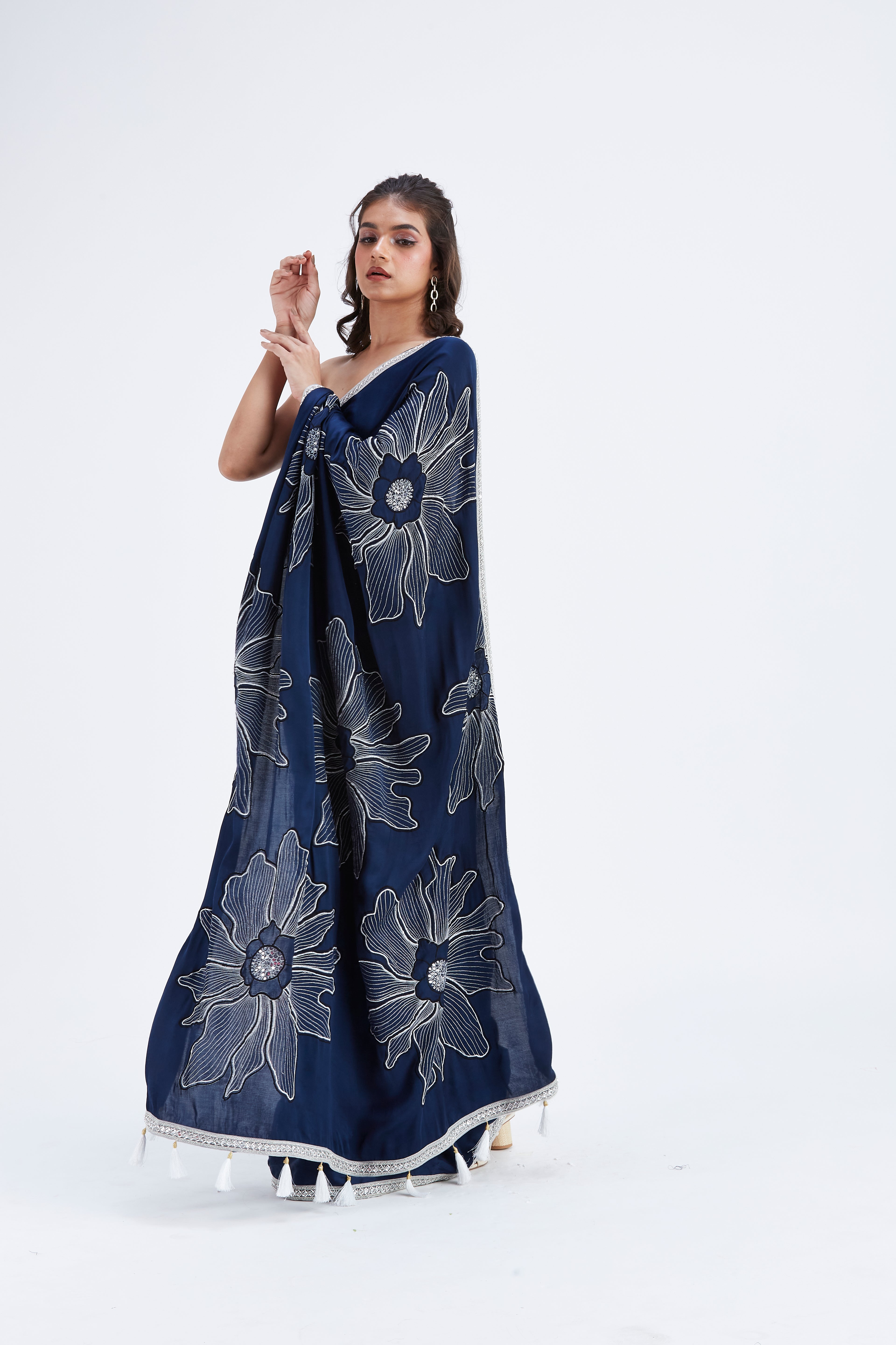 Zaira Indigo Modal Saree at Kamakhyaa by Hasttvam. This item is Ete by Hasttvam, Floral Prints, Hand Printed, Indigo, Modal, Under $50, Wedding Wear, Womenswear