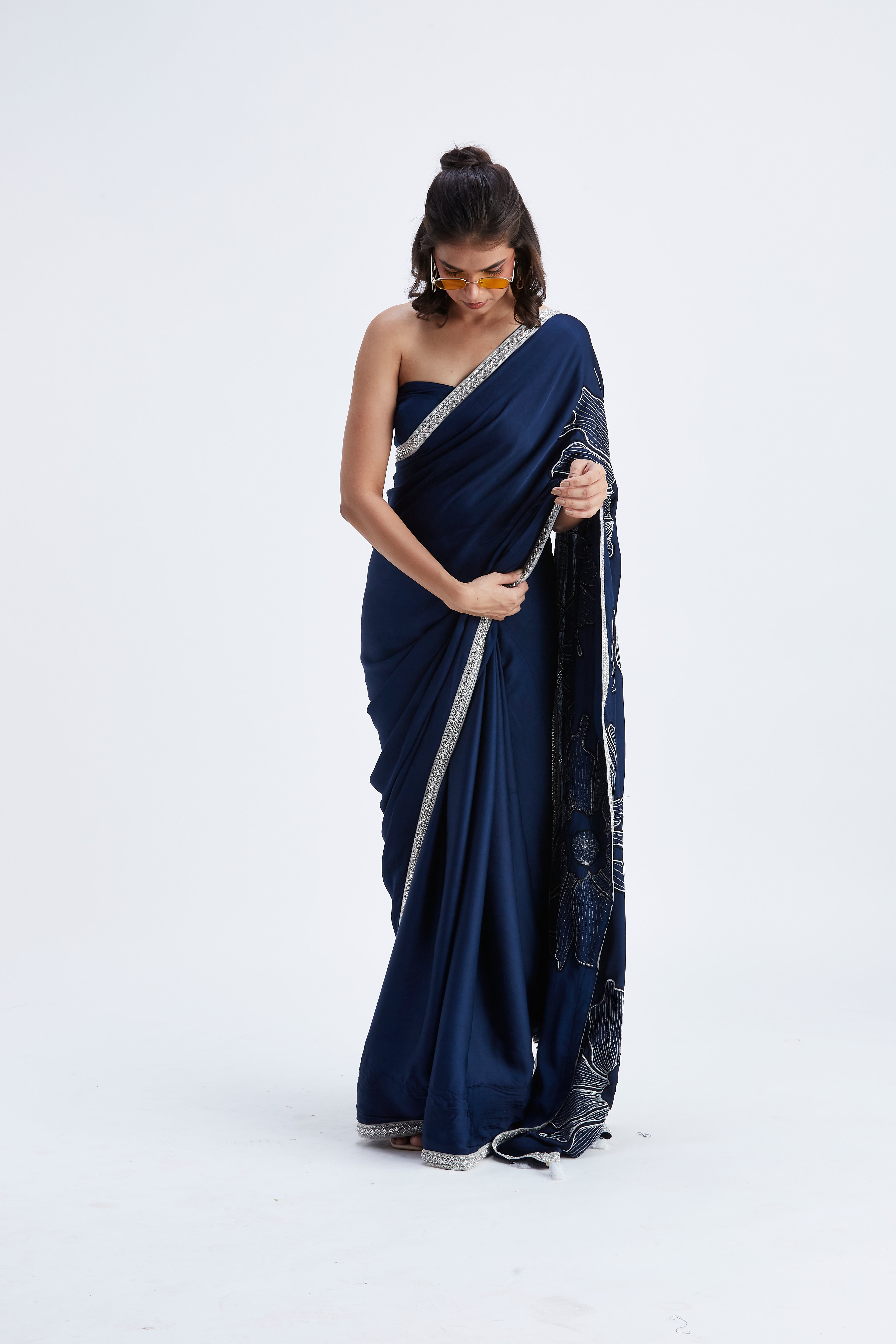 Zaira Indigo Modal Saree at Kamakhyaa by Hasttvam. This item is Ete by Hasttvam, Floral Prints, Hand Printed, Indigo, Modal, Under $50, Wedding Wear, Womenswear