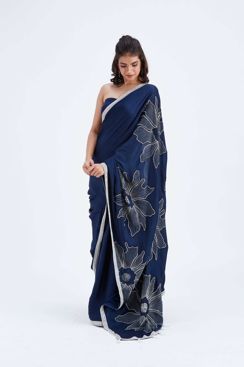 Zaira Indigo Modal Saree at Kamakhyaa by Hasttvam. This item is Ete by Hasttvam, Floral Prints, Hand Printed, Indigo, Modal, Under $50, Wedding Wear, Womenswear