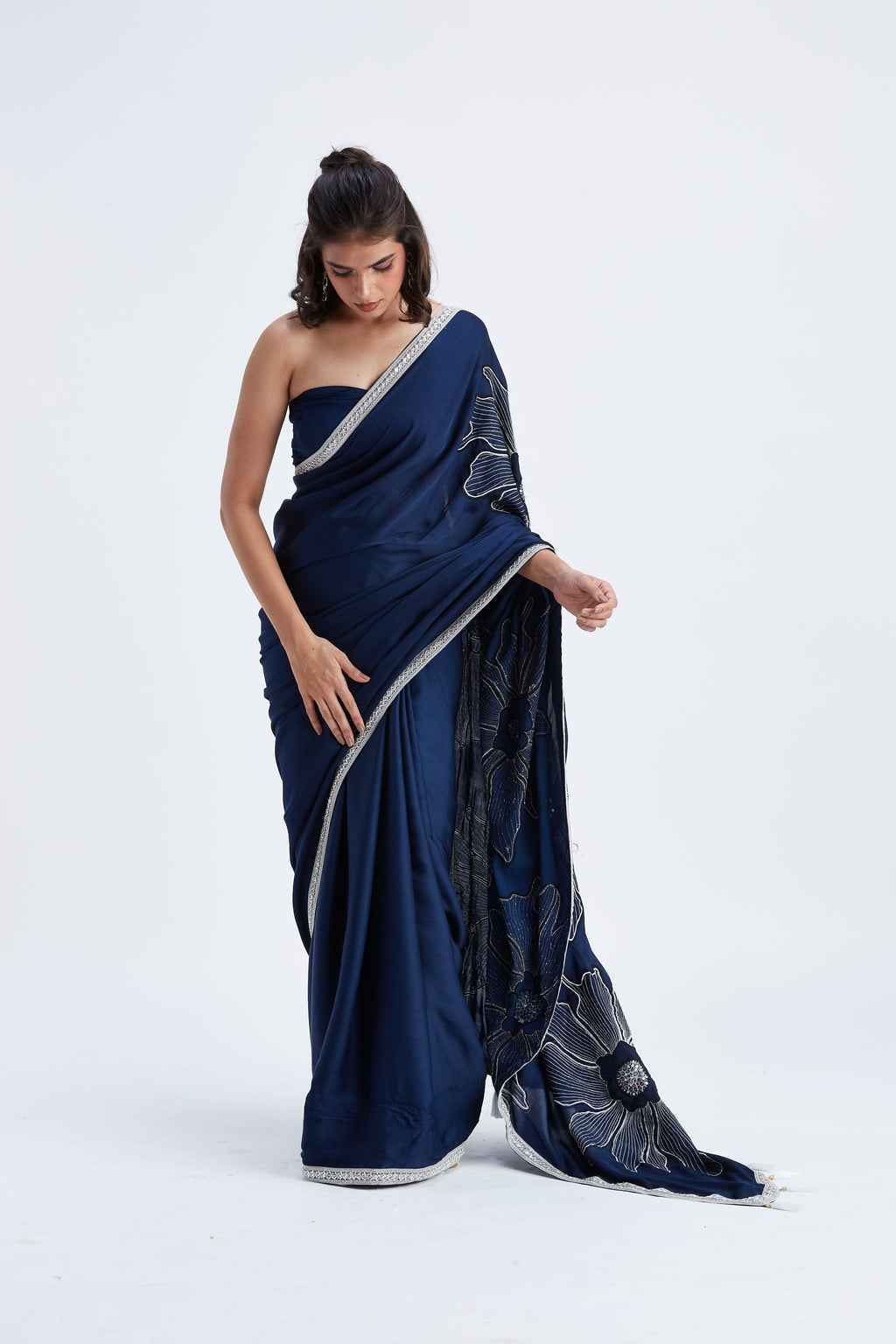Zaira Indigo Modal Saree at Kamakhyaa by Hasttvam. This item is Ete by Hasttvam, Floral Prints, Hand Printed, Indigo, Modal, Under $50, Wedding Wear, Womenswear