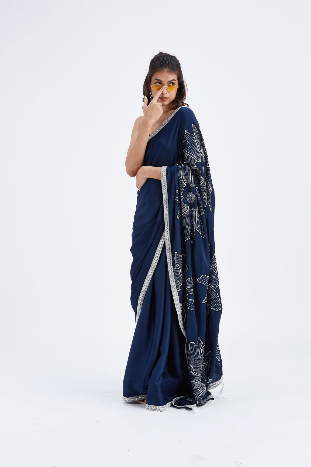 Zaira Indigo Modal Saree at Kamakhyaa by Hasttvam. This item is Ete by Hasttvam, Floral Prints, Hand Printed, Indigo, Modal, Under $50, Wedding Wear, Womenswear