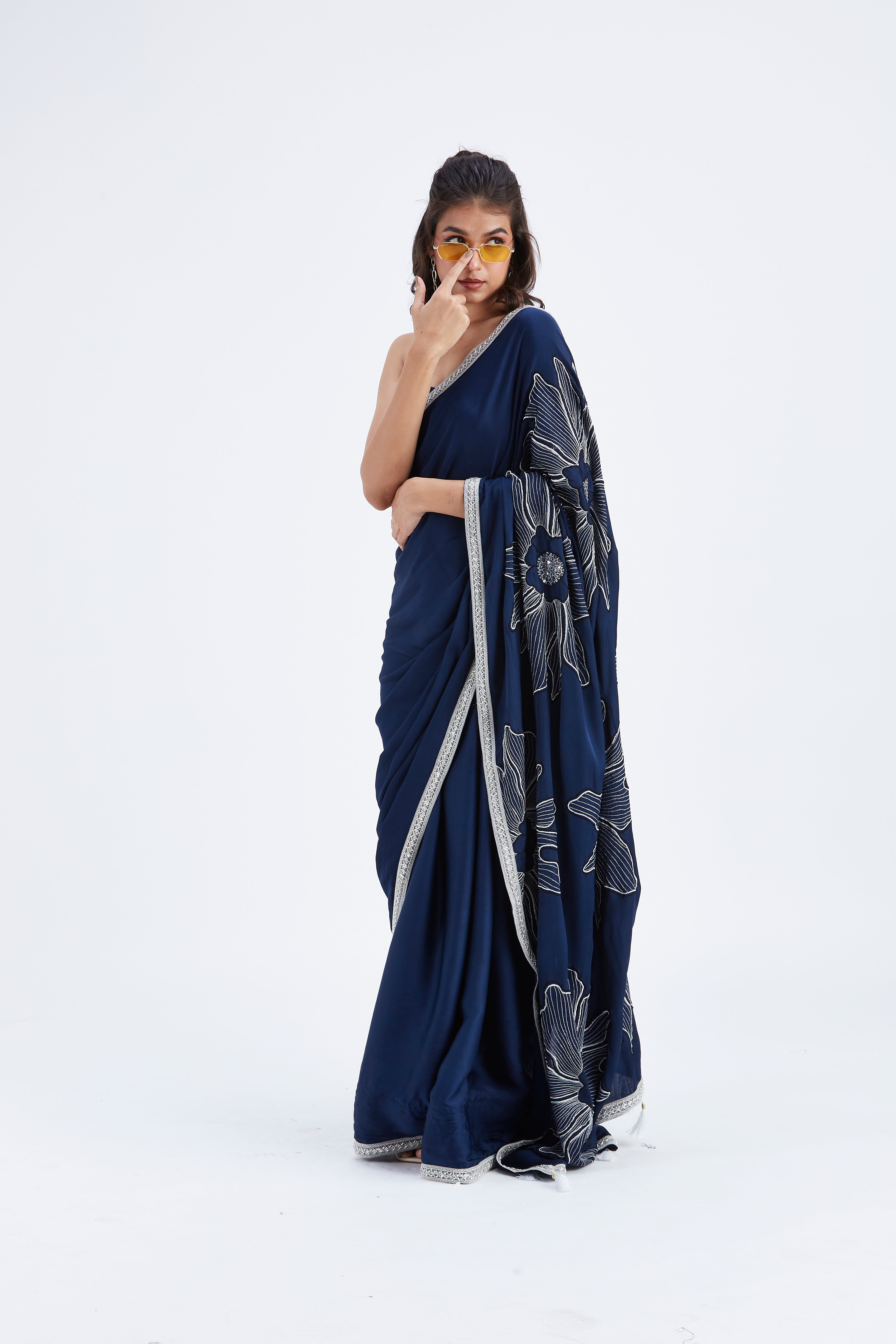 Zaira Indigo Modal Saree at Kamakhyaa by Hasttvam. This item is Ete by Hasttvam, Floral Prints, Hand Printed, Indigo, Modal, Under $50, Wedding Wear, Womenswear