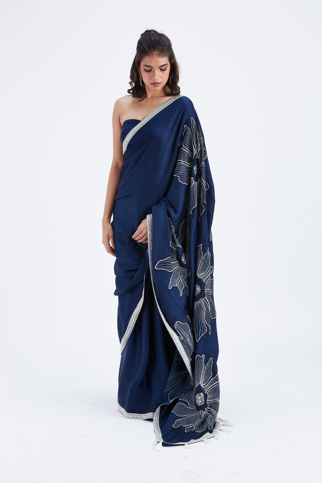 Zaira Indigo Modal Saree at Kamakhyaa by Hasttvam. This item is Ete by Hasttvam, Floral Prints, Hand Printed, Indigo, Modal, Under $50, Wedding Wear, Womenswear