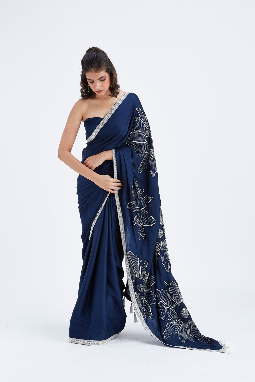 Zaira Indigo Modal Saree at Kamakhyaa by Hasttvam. This item is Ete by Hasttvam, Floral Prints, Hand Printed, Indigo, Modal, Under $50, Wedding Wear, Womenswear
