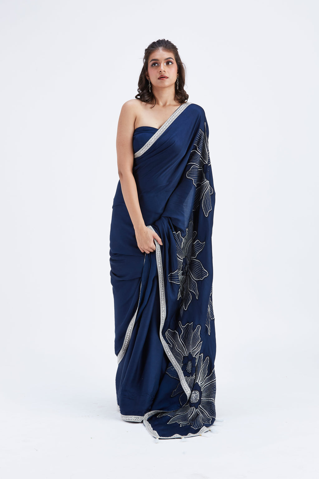 Zaira Indigo Modal Saree at Kamakhyaa by Hasttvam. This item is Ete by Hasttvam, Floral Prints, Hand Printed, Indigo, Modal, Under $50, Wedding Wear, Womenswear