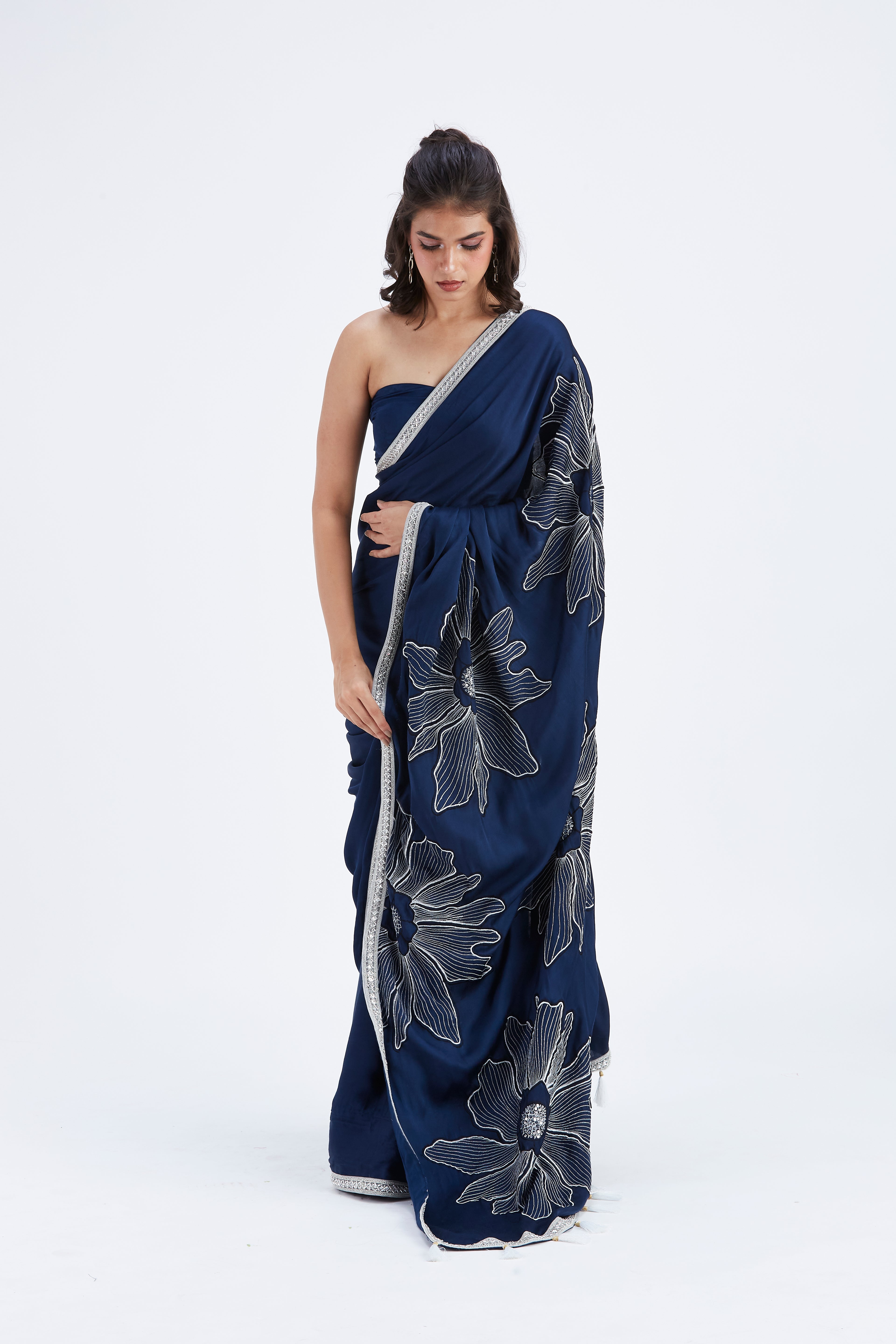 Zaira Indigo Modal Saree at Kamakhyaa by Hasttvam. This item is Ete by Hasttvam, Floral Prints, Hand Printed, Indigo, Modal, Under $50, Wedding Wear, Womenswear