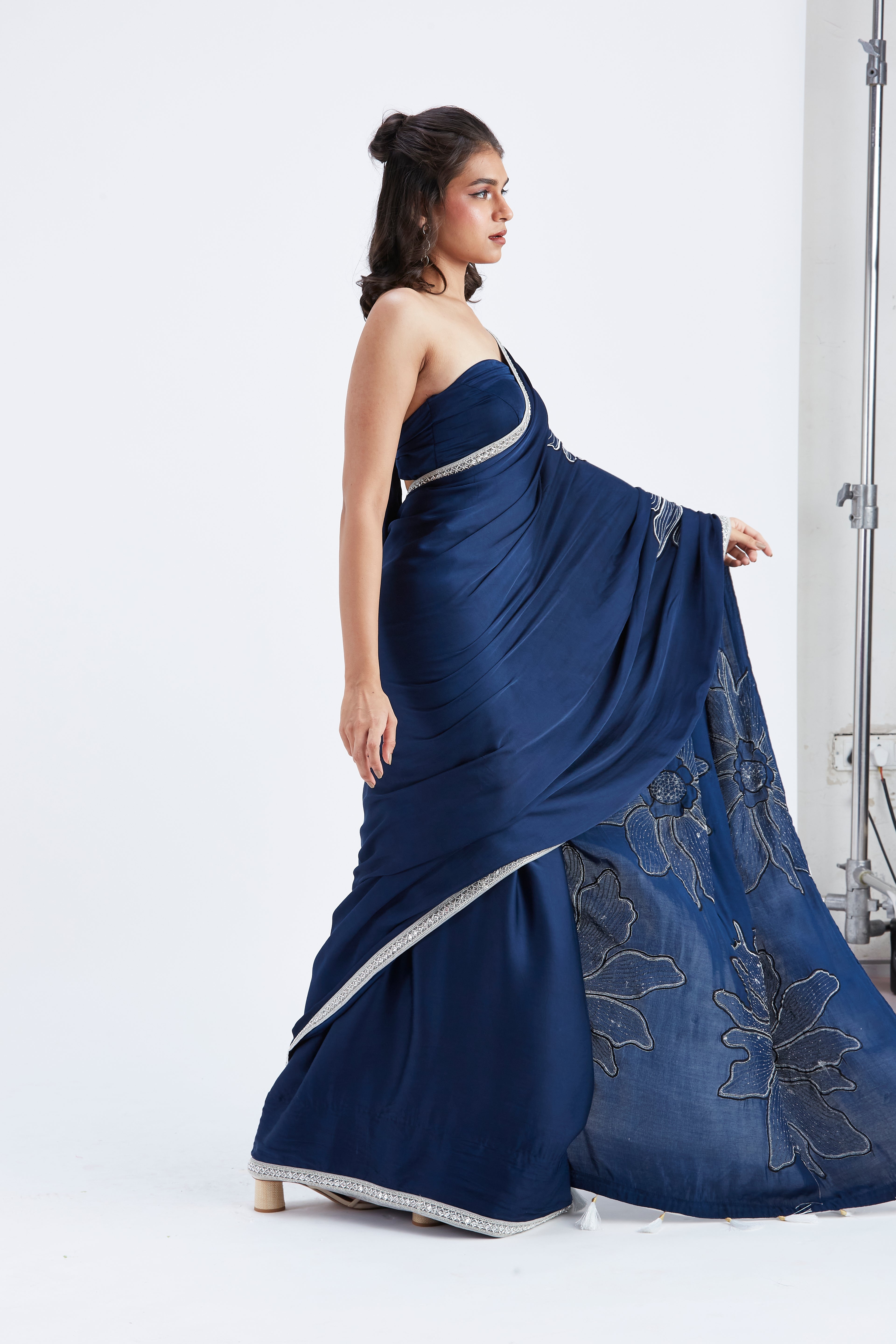 Zaira Indigo Modal Saree at Kamakhyaa by Hasttvam. This item is Ete by Hasttvam, Floral Prints, Hand Printed, Indigo, Modal, Under $50, Wedding Wear, Womenswear