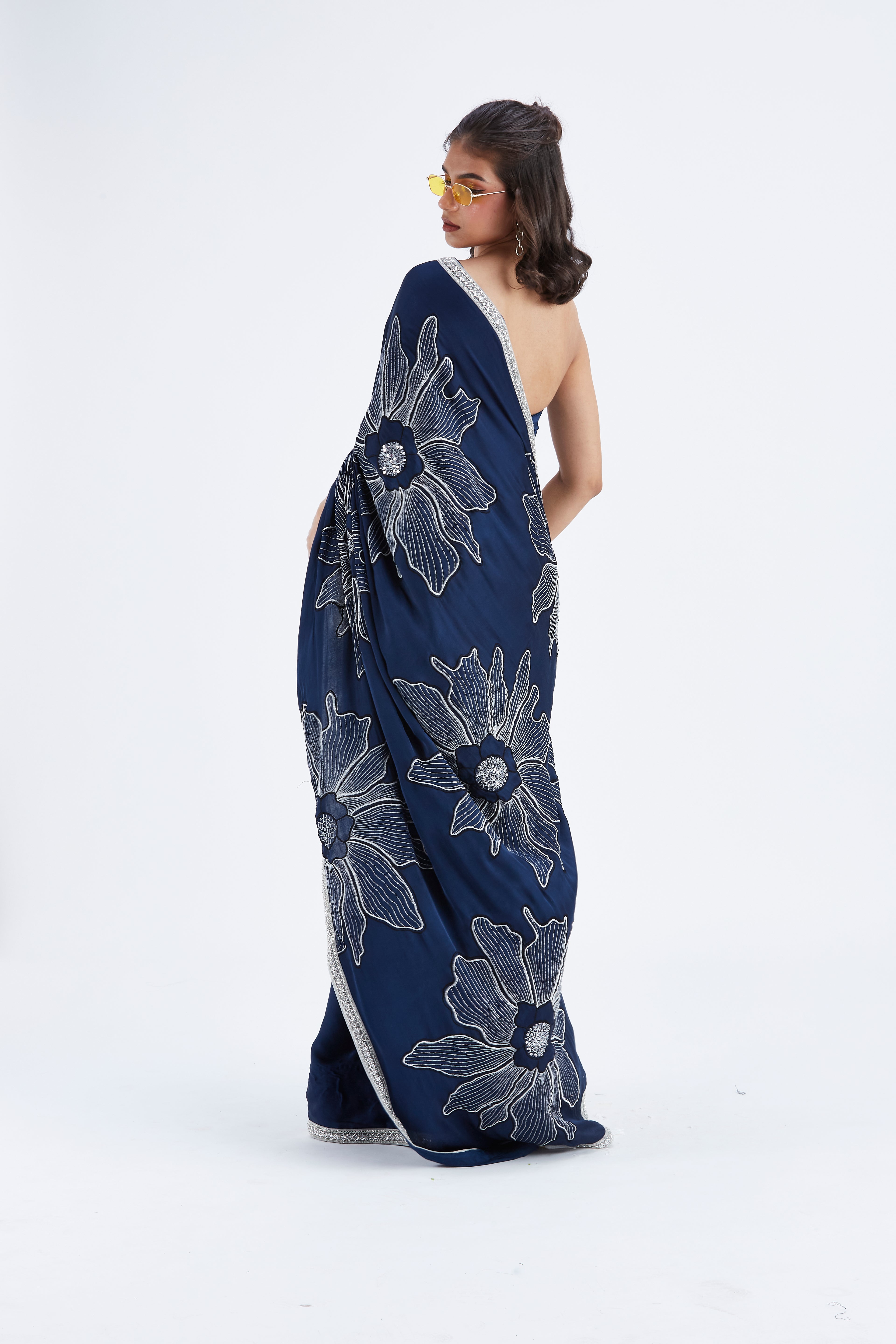 Zaira Indigo Modal Saree at Kamakhyaa by Hasttvam. This item is Ete by Hasttvam, Floral Prints, Hand Printed, Indigo, Modal, Under $50, Wedding Wear, Womenswear