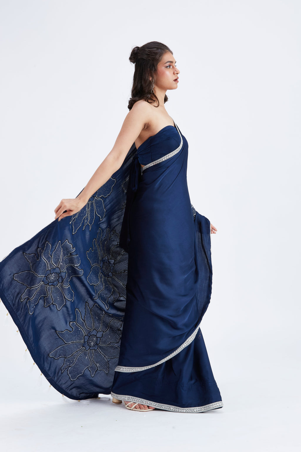 Zaira Indigo Modal Saree at Kamakhyaa by Hasttvam. This item is Ete by Hasttvam, Floral Prints, Hand Printed, Indigo, Modal, Under $50, Wedding Wear, Womenswear