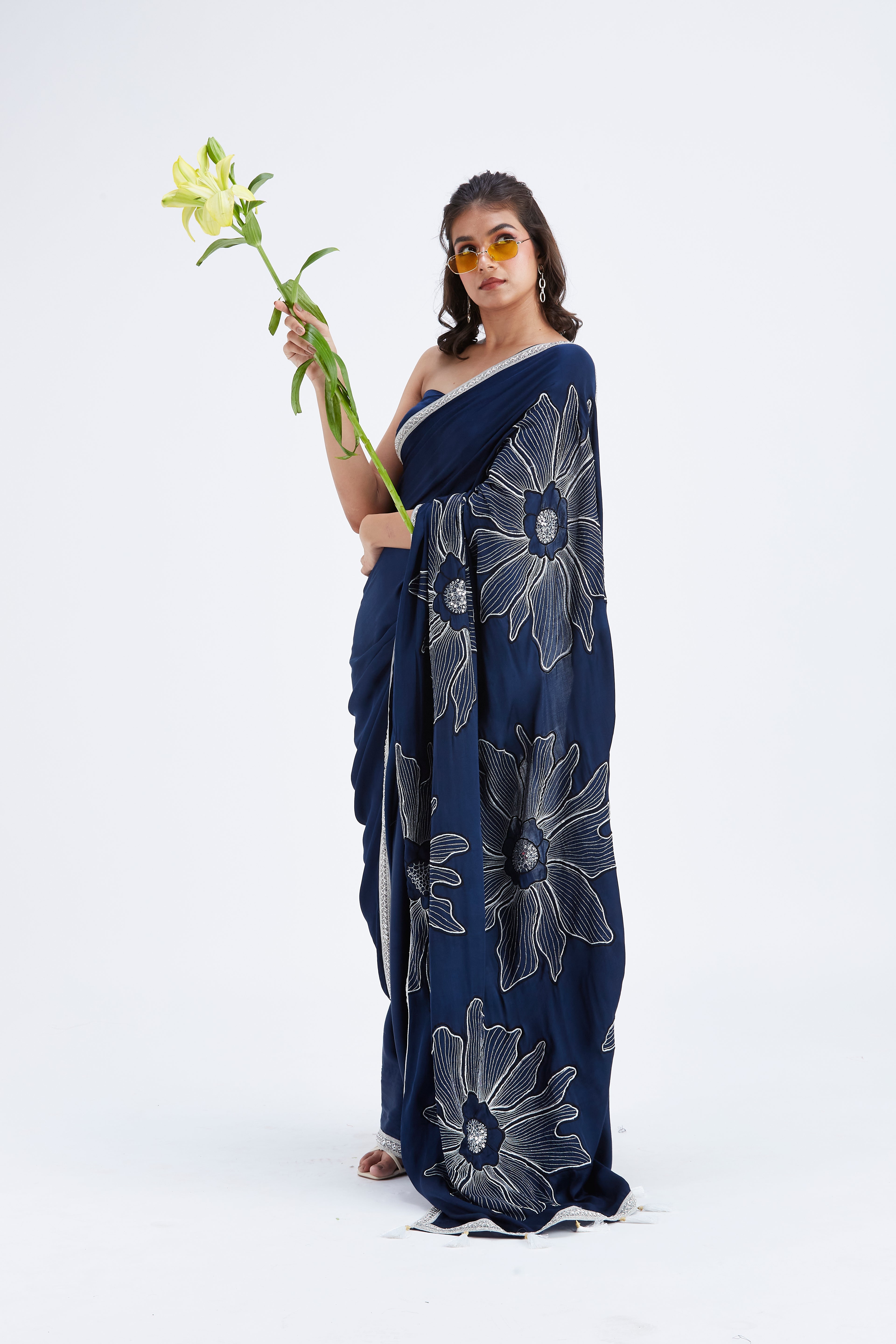Zaira Indigo Modal Saree at Kamakhyaa by Hasttvam. This item is Ete by Hasttvam, Floral Prints, Hand Printed, Indigo, Modal, Under $50, Wedding Wear, Womenswear