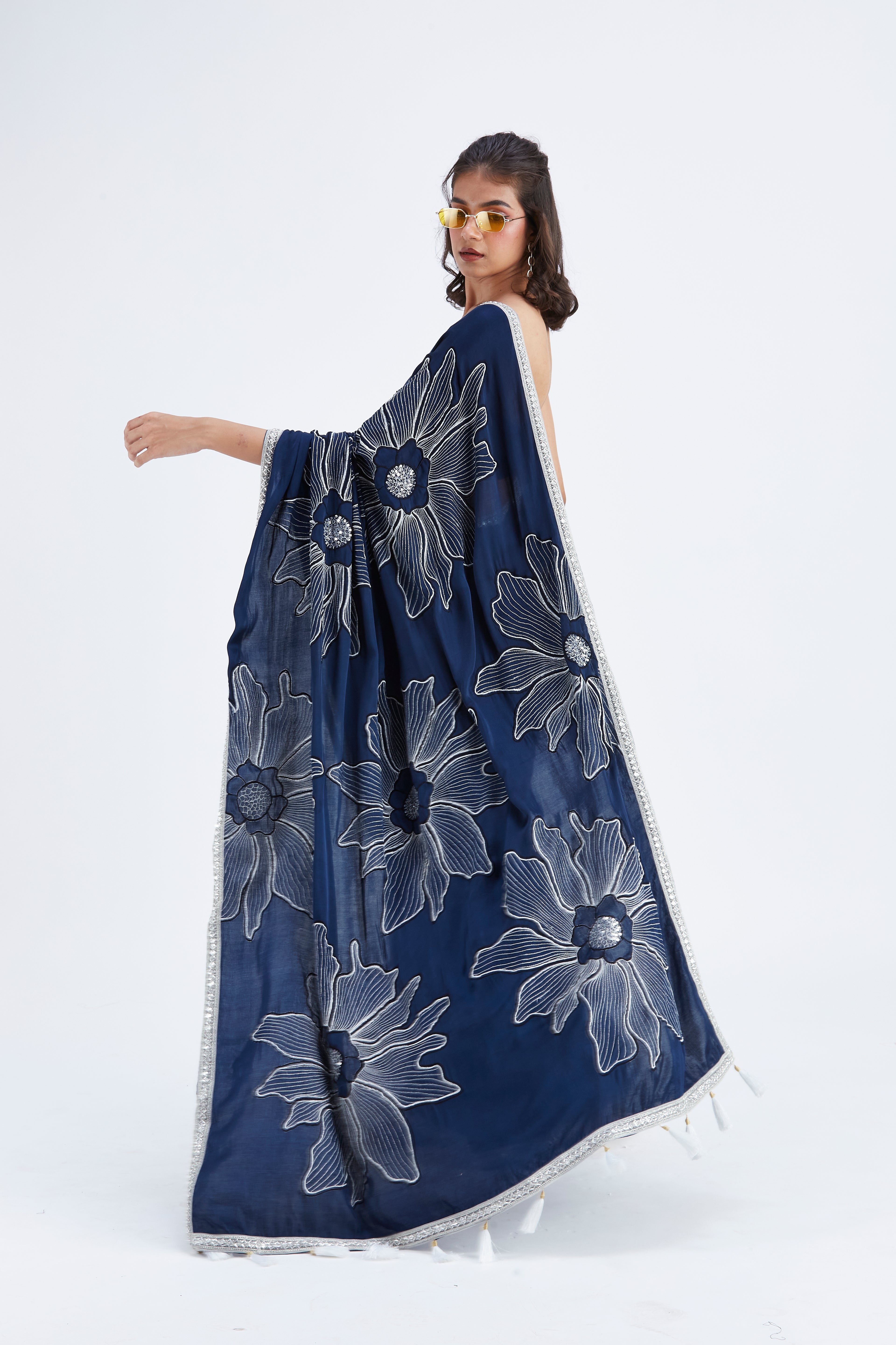 Zaira Indigo Modal Saree at Kamakhyaa by Hasttvam. This item is Ete by Hasttvam, Floral Prints, Hand Printed, Indigo, Modal, Under $50, Wedding Wear, Womenswear