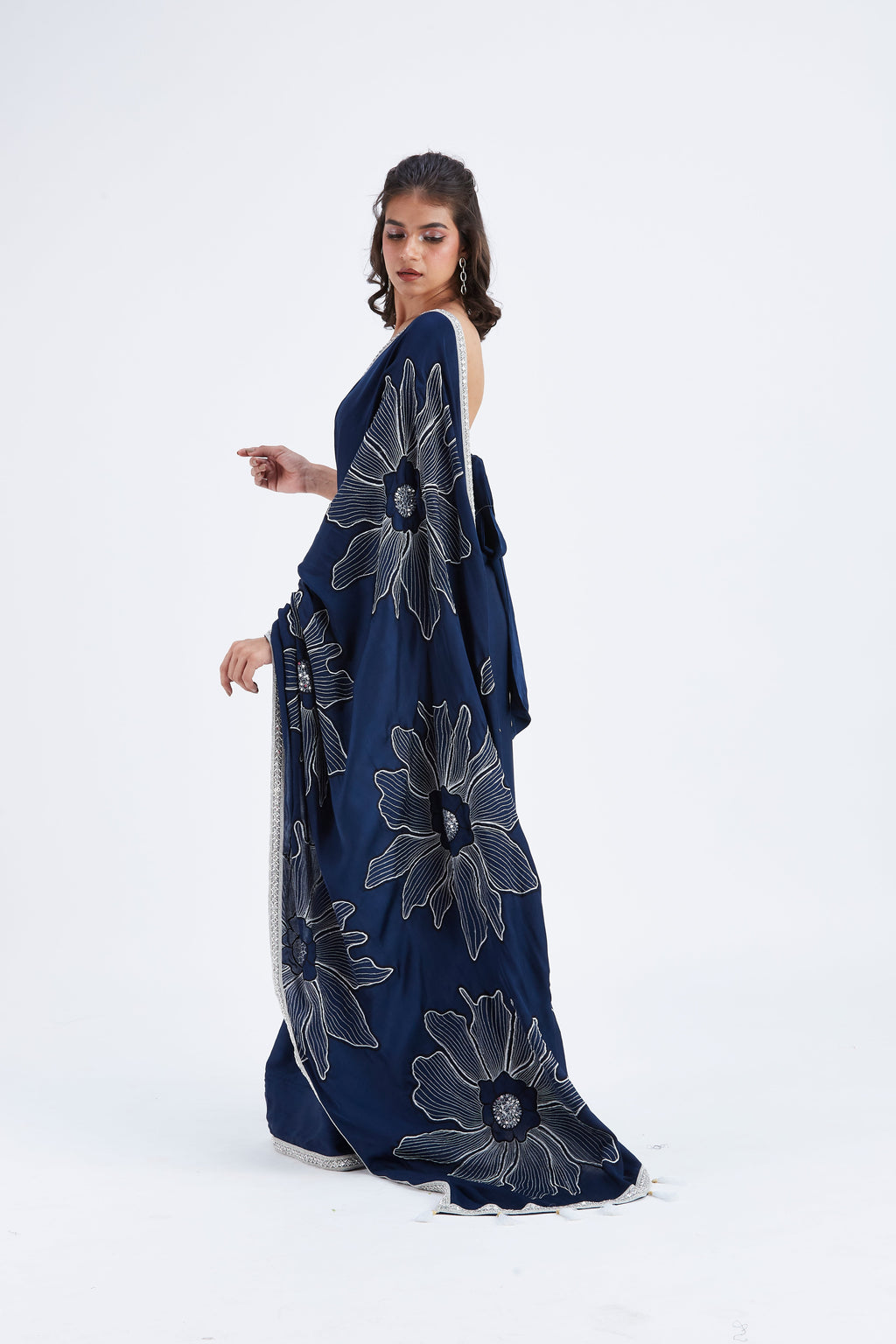 Zaira Indigo Modal Saree at Kamakhyaa by Hasttvam. This item is Ete by Hasttvam, Floral Prints, Hand Printed, Indigo, Modal, Under $50, Wedding Wear, Womenswear