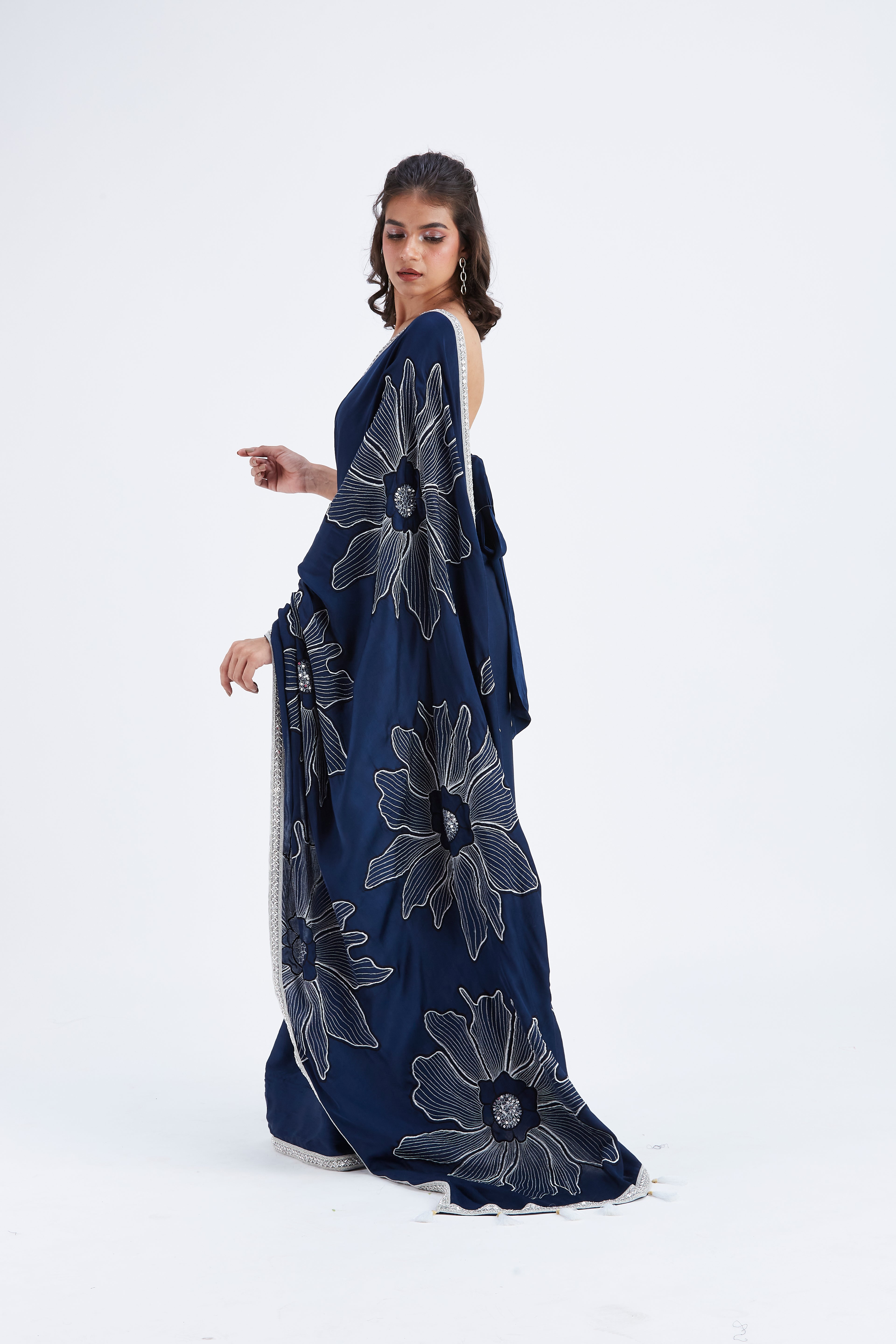 Zaira Indigo Modal Saree at Kamakhyaa by Hasttvam. This item is Ete by Hasttvam, Floral Prints, Hand Printed, Indigo, Modal, Under $50, Wedding Wear, Womenswear