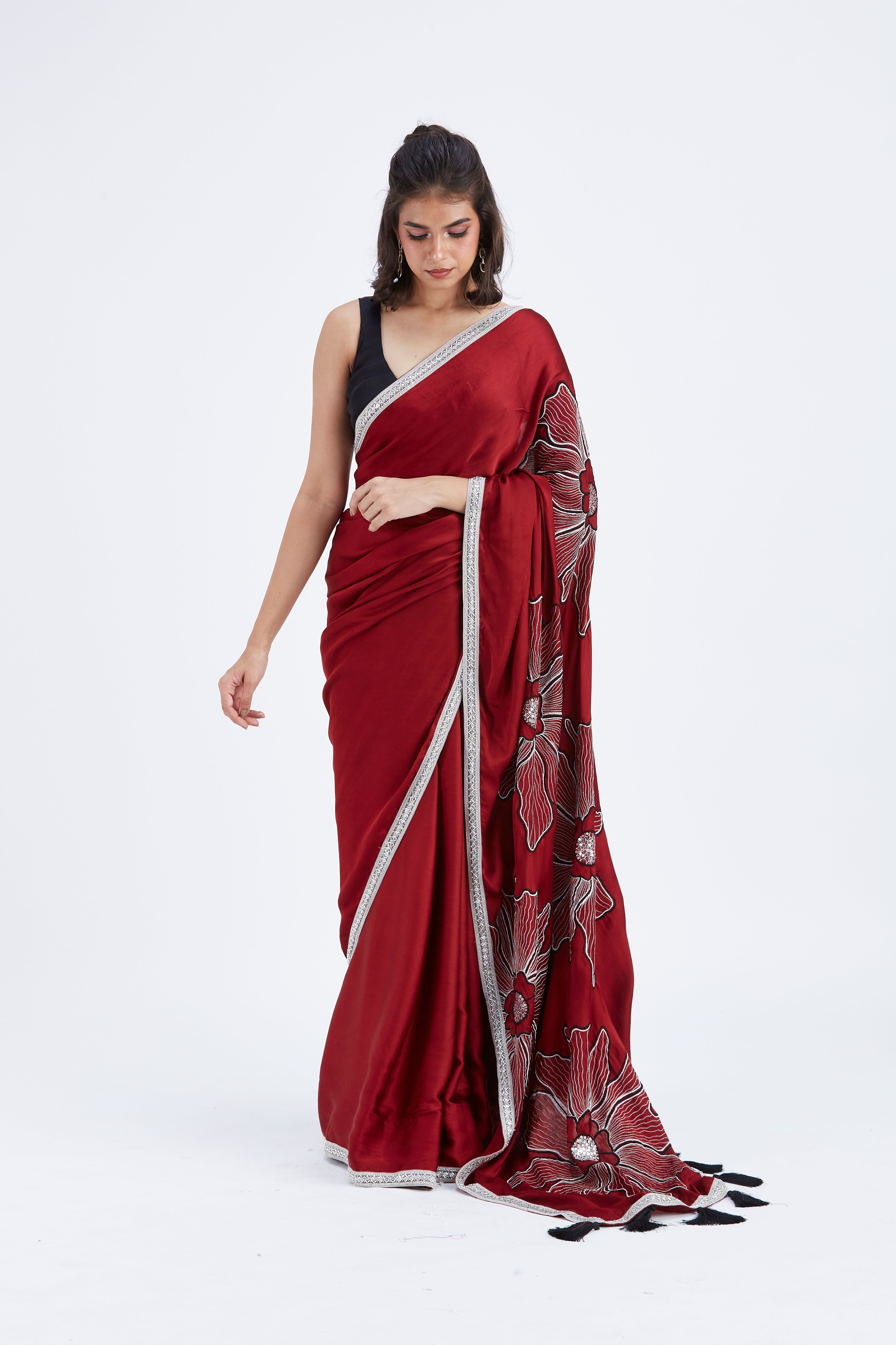 Zaira Red Modal Saree at Kamakhyaa by Hasttvam. This item is Ete by Hasttvam, Floral Prints, Hand Printed, Modal, Red, Under $50, Wedding Wear, Womenswear