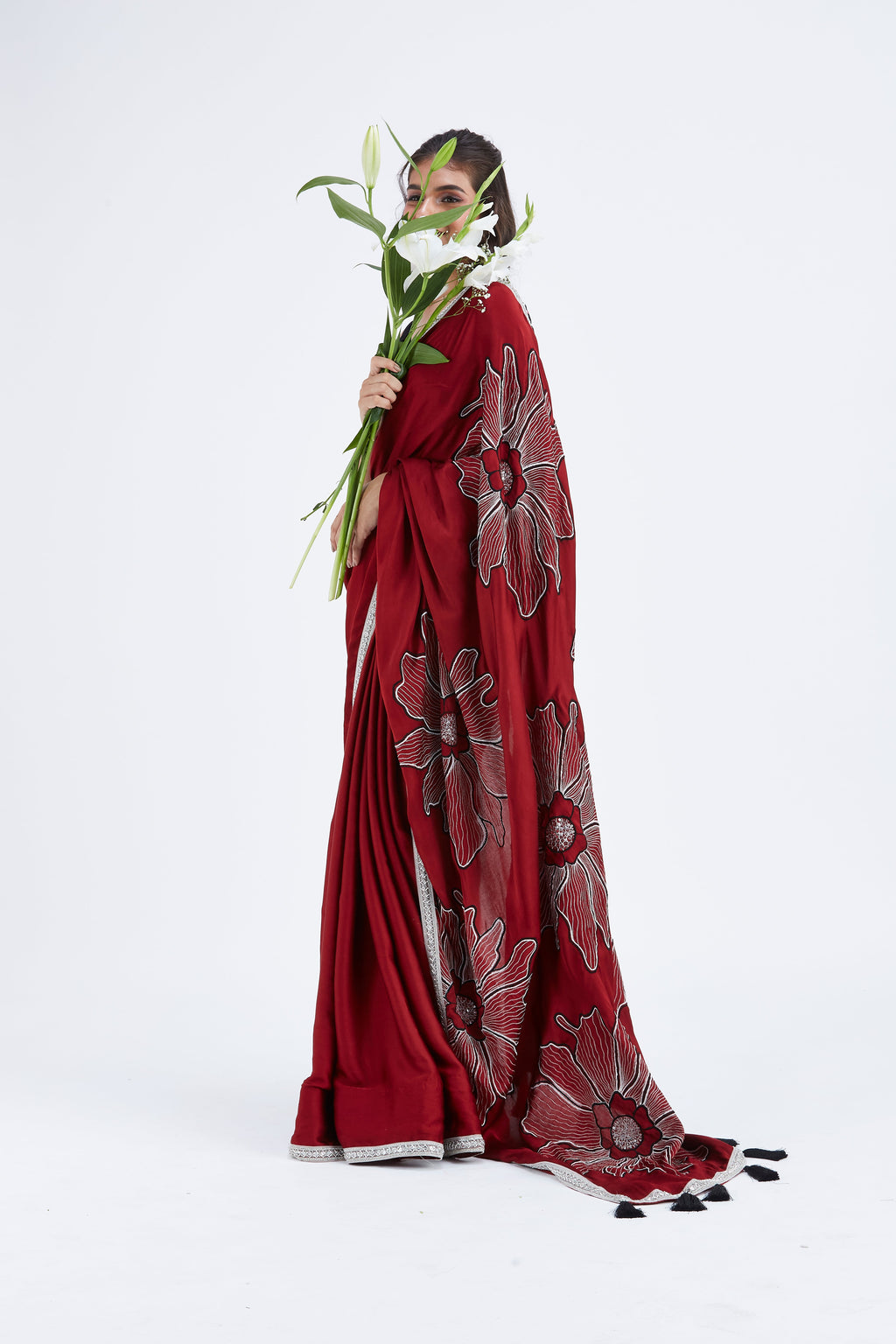 Zaira Red Modal Saree at Kamakhyaa by Hasttvam. This item is Ete by Hasttvam, Floral Prints, Hand Printed, Modal, Red, Under $50, Wedding Wear, Womenswear