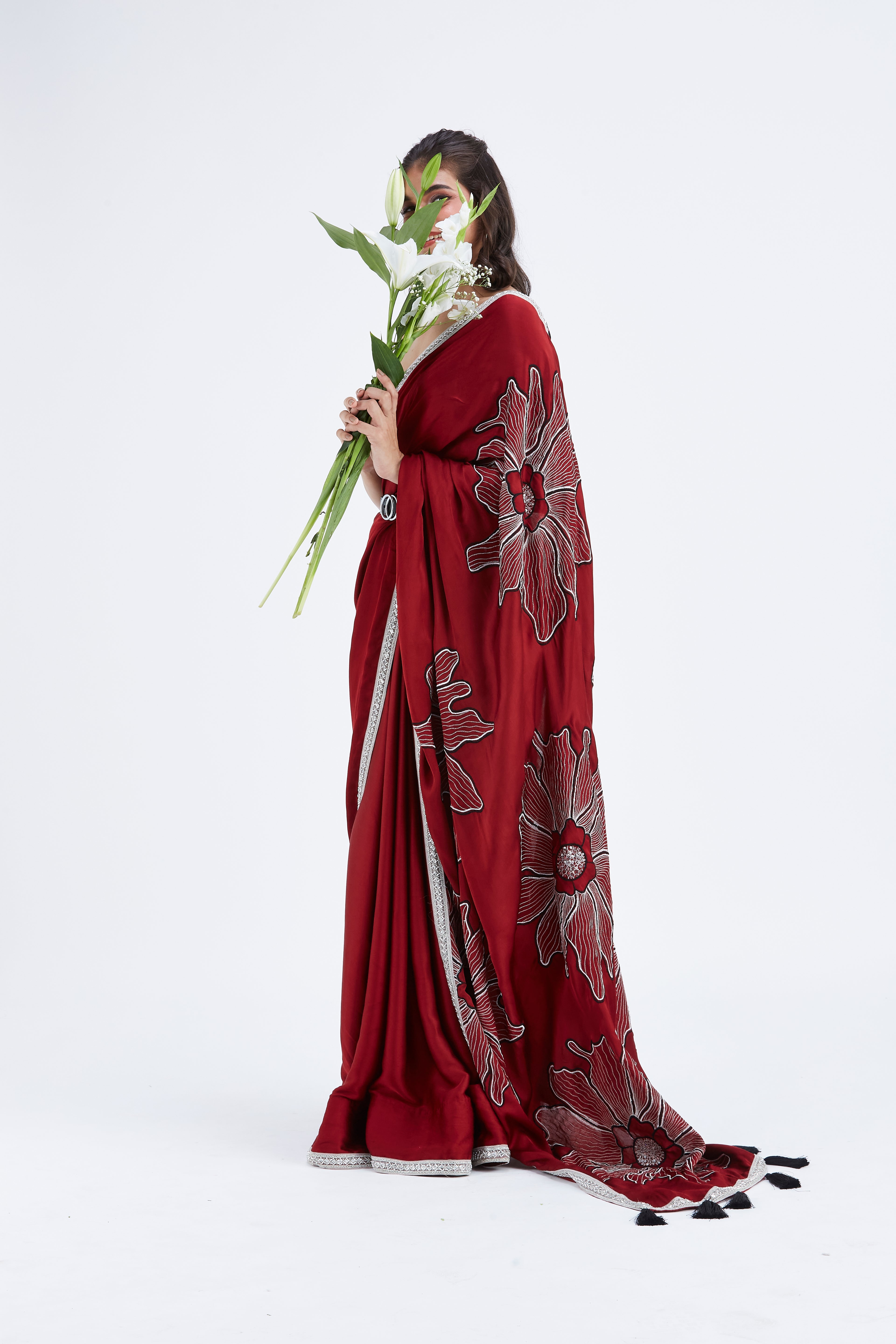 Zaira Red Modal Saree at Kamakhyaa by Hasttvam. This item is Ete by Hasttvam, Floral Prints, Hand Printed, Modal, Red, Under $50, Wedding Wear, Womenswear